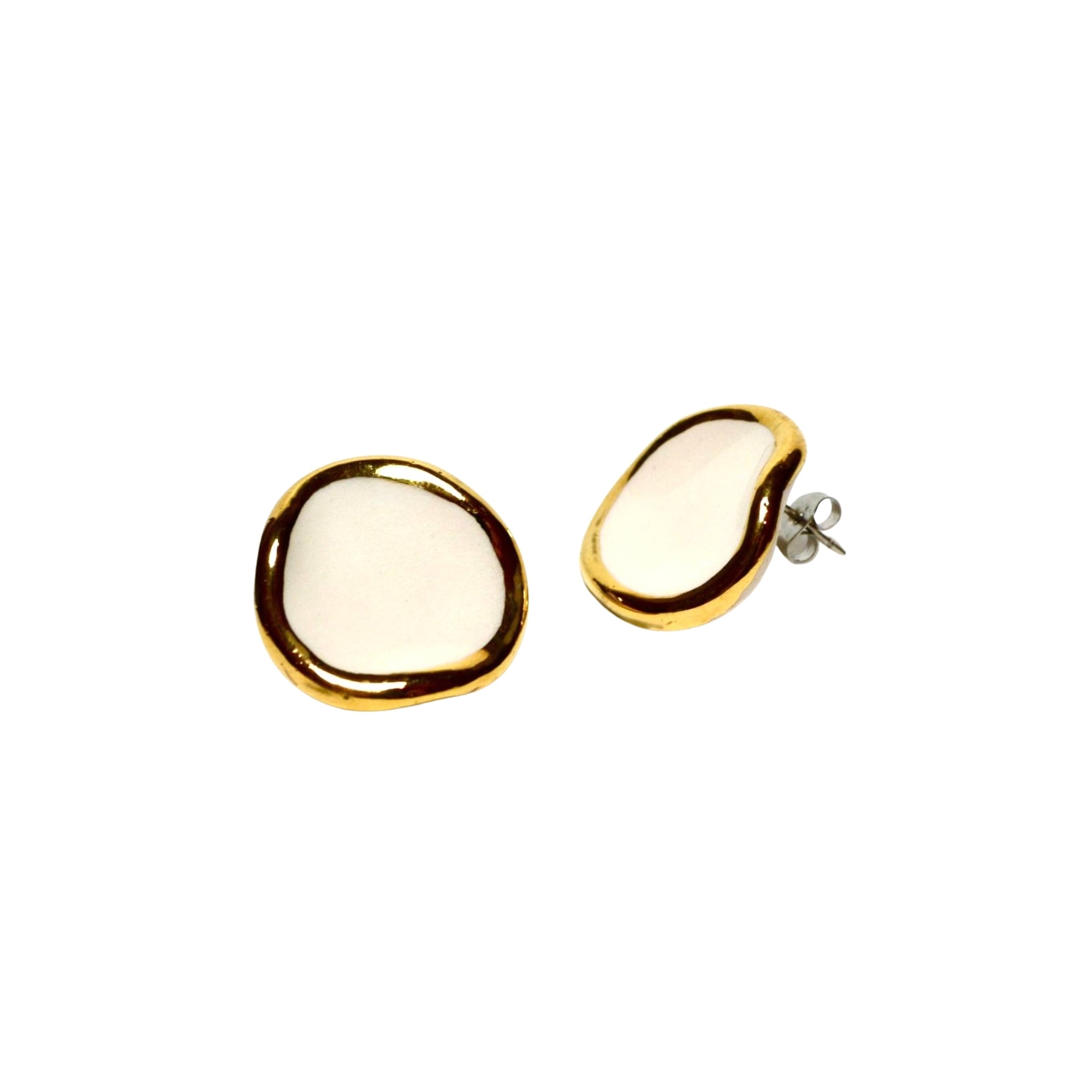 Leda | Handcrafted white ceramic stud earrings with gold luster
