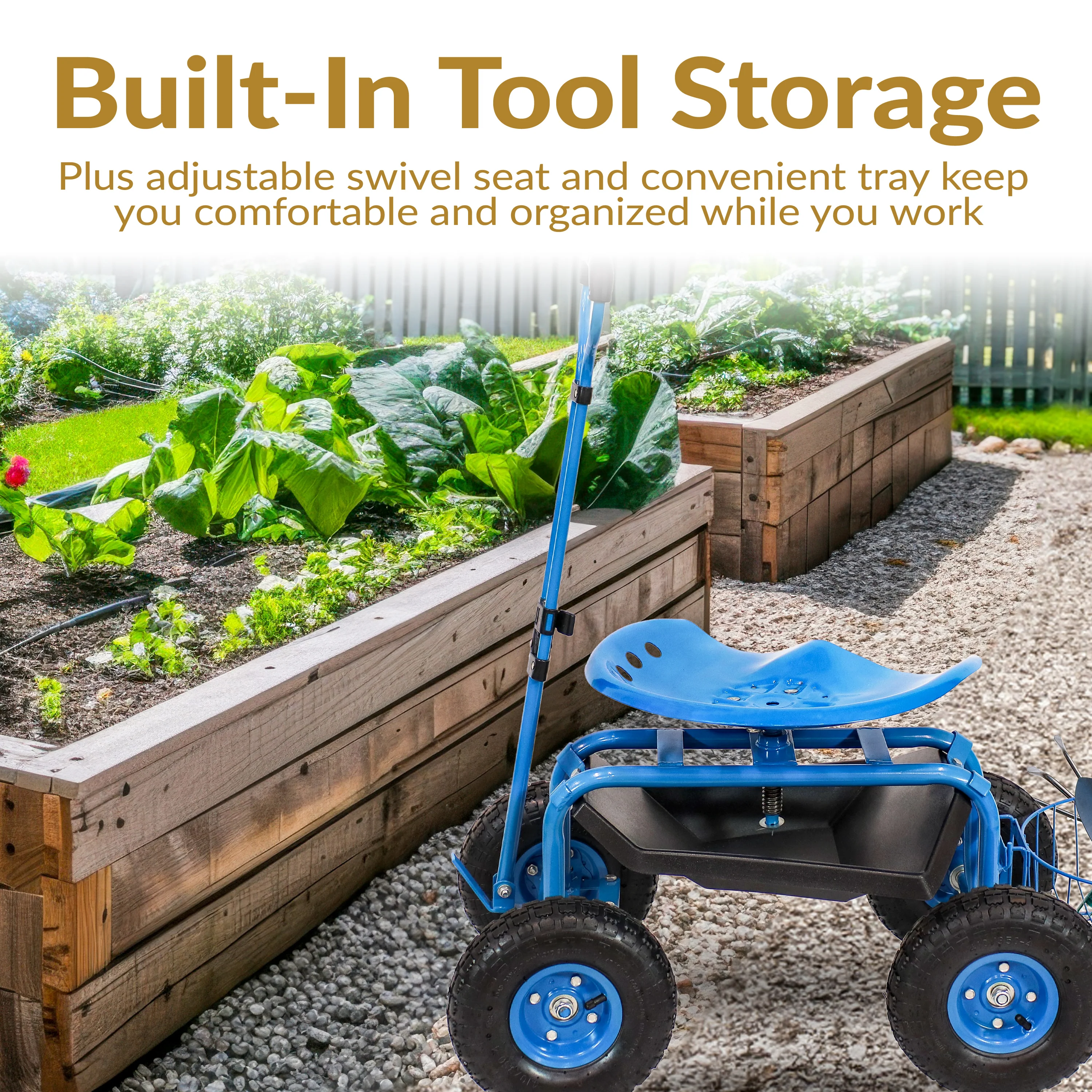 Chariot de jardin roulant Sunnydaze 2025 avec siège pivotant, guidon et panier