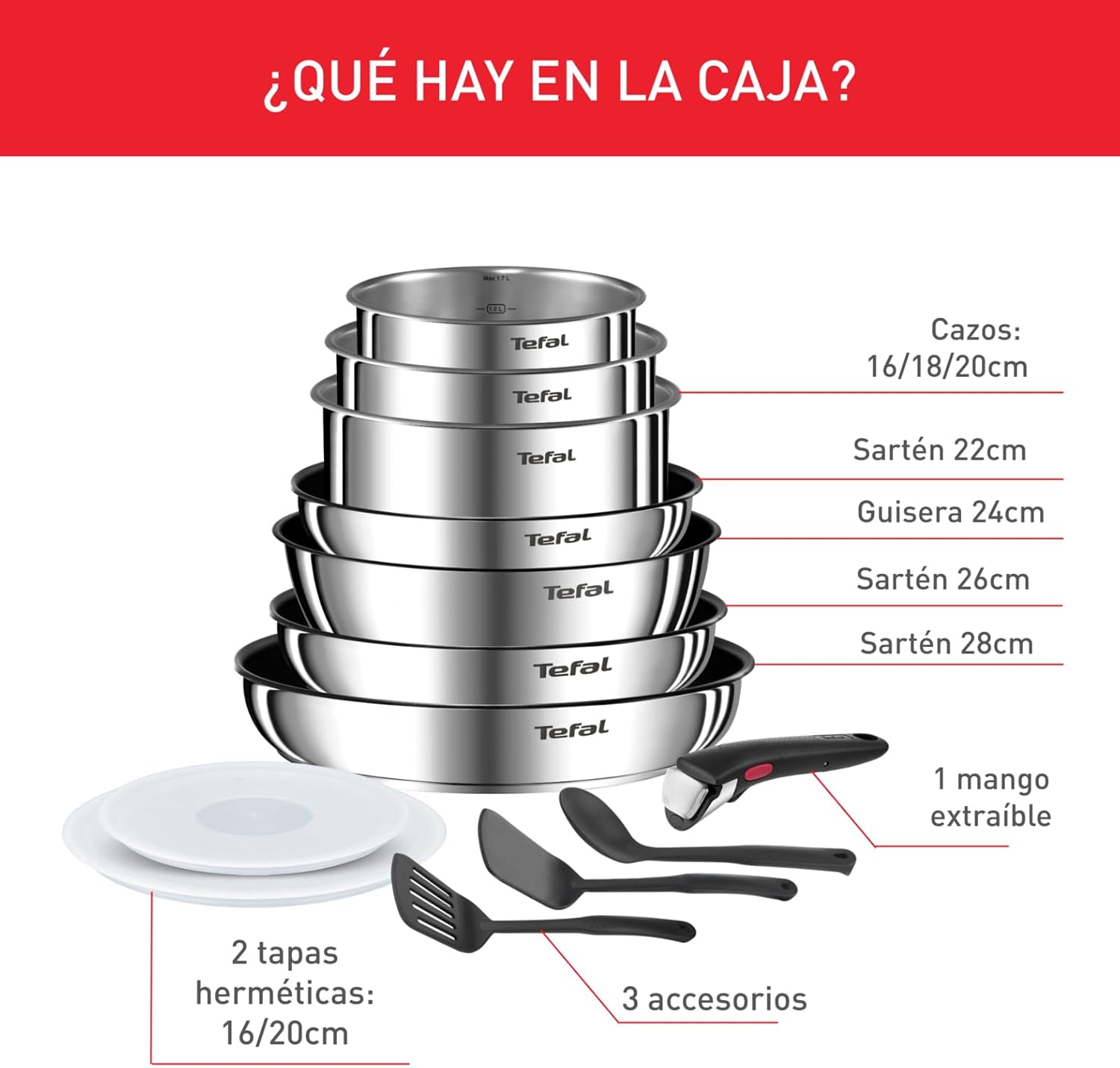 Tefal Ingenio Emotion Sæt med 3 stegepander 22/24/28 cm + 3 kasseroller 16/18/20 cm + gryderet 24 cm + wok 26 cm + 12 tilbehør | Induktionssikker, non-stick, tåler opvaskemaskine og ovn