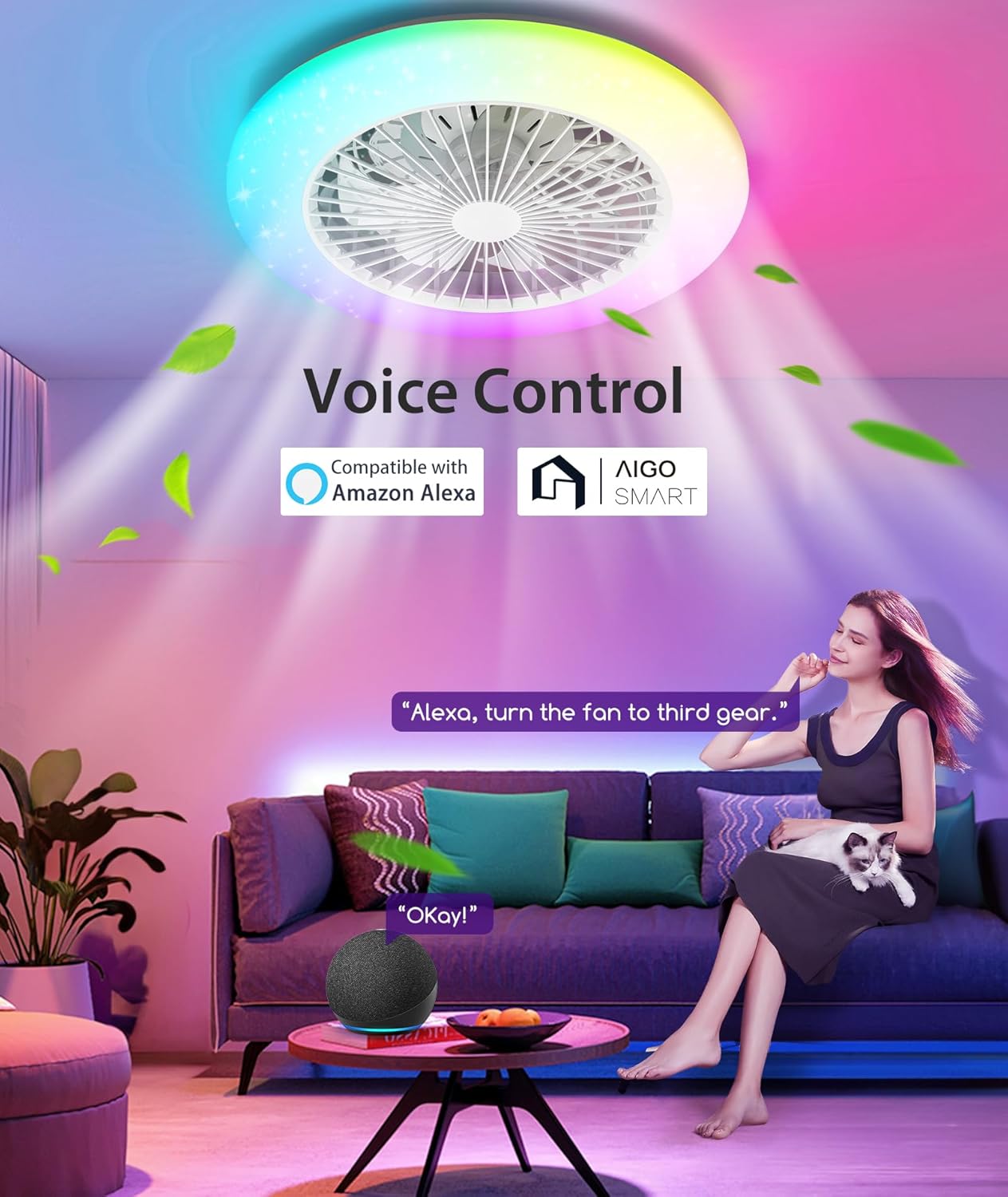 Aigostar - Ventilateur de plafond Alexa, lumière LED 40 W, 4 400 lm, 2 700 K-6 500 K et RGB à intensité variable, lampe de ventilateur de plafond intelligente avec télécommande et passerelle, silencieux, 6 vitesses, diamètre 50 cm, 2 unités