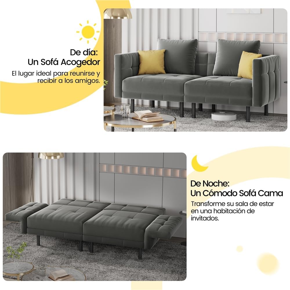 Yaheetech 2-personers fløjlssovesofa, konvertibel sofa 171x80x72cm med 4 puder, sofa med justerbare armlæn og ryglæn til stue, soveværelse og arbejdsværelse, grå