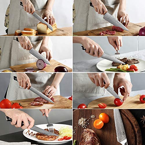 Damast-Küchenmesserset, 9-teilig mit Block, ergonomischem ABS-Griff für Kochmesser, Messerschärfer und Küchenschere, Block aus Buchenholz