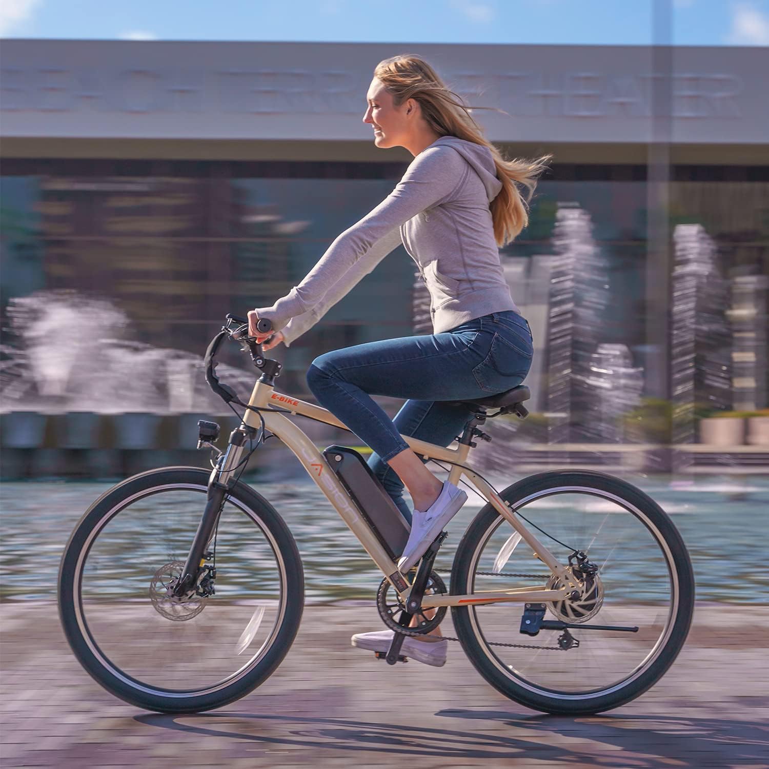 Vélo électrique Jasion EB5 pour adultes avec batterie amovible de 360 ​​Wh, 64 km, 32 km/h, VTT électrique de ville avec moteur de 350 W, 7 vitesses, pneus de 26 pouces et suspension avant.