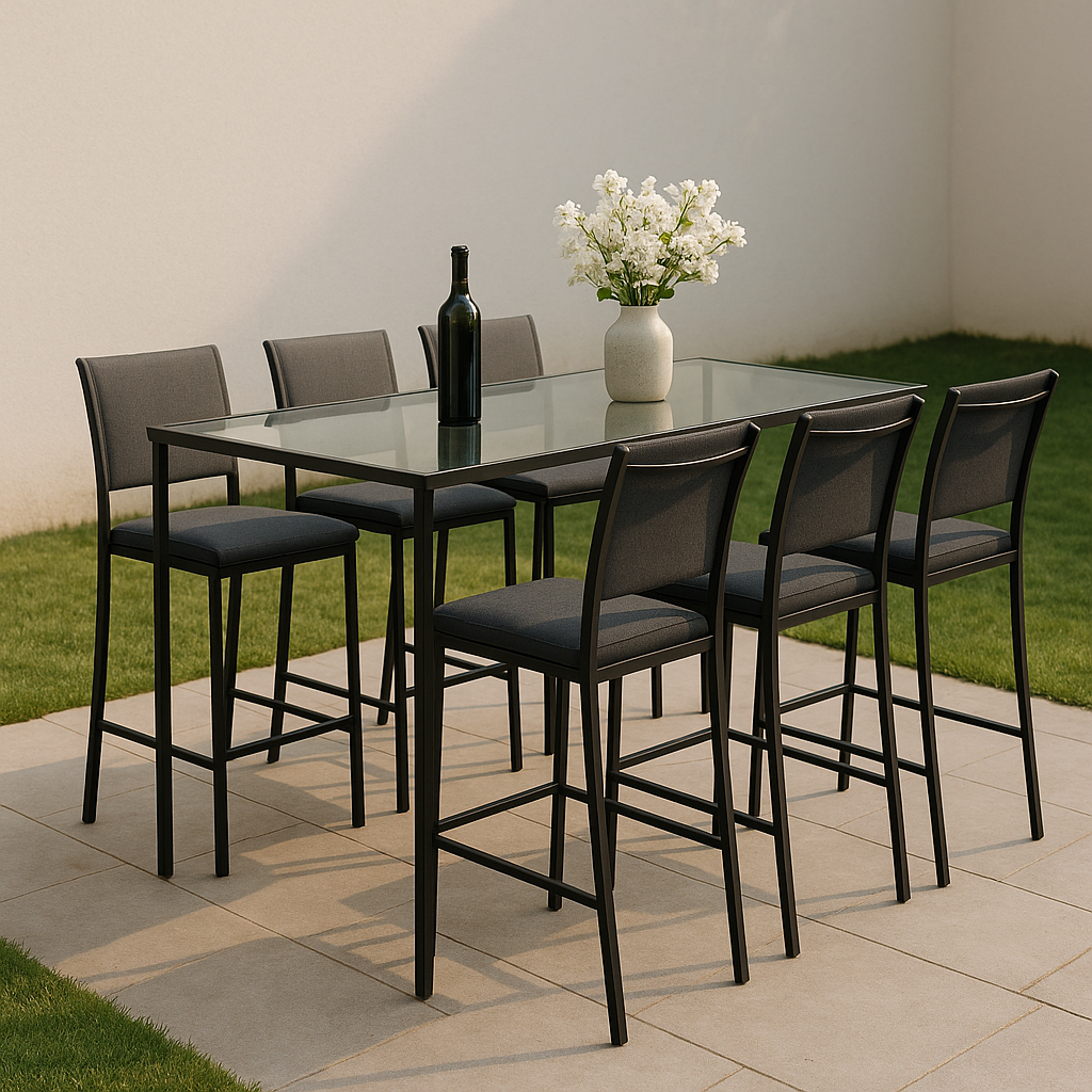 Table haute de bar de jardin avec chaises, métal gris et noir et verre, extérieur, 180×90×105cm