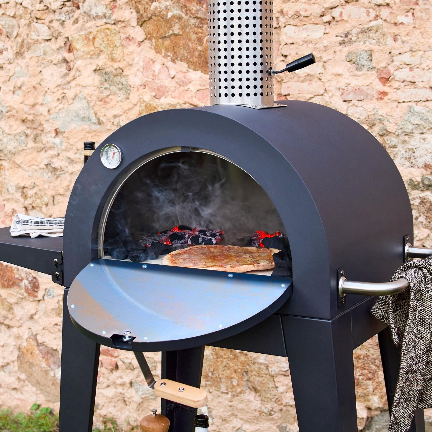 Four à pizza d'extérieur avec table, noir