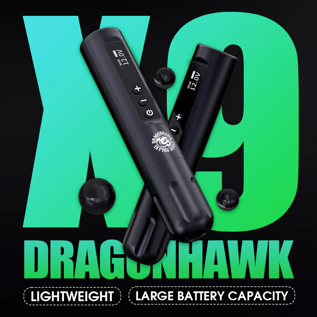 Dragonhawk X9 trådløs tatoveringsmaskinesæt med Mcore-L1 motor – ekstremt lange driftstimer