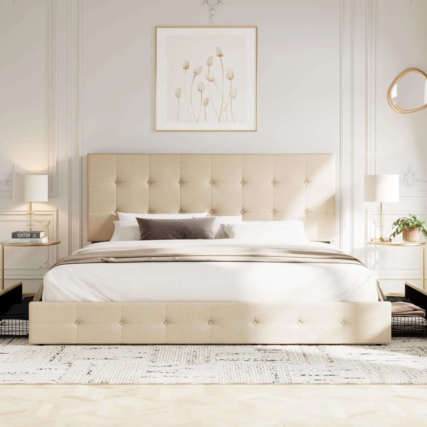 Upholstered Queen Size Platform Bed Frame with 4 Storage Drawers and Headboard, Square Stitched Button Tufted, Mattress Foundation with Wooden Slats Support, No Box Spring Needed, Light Grey