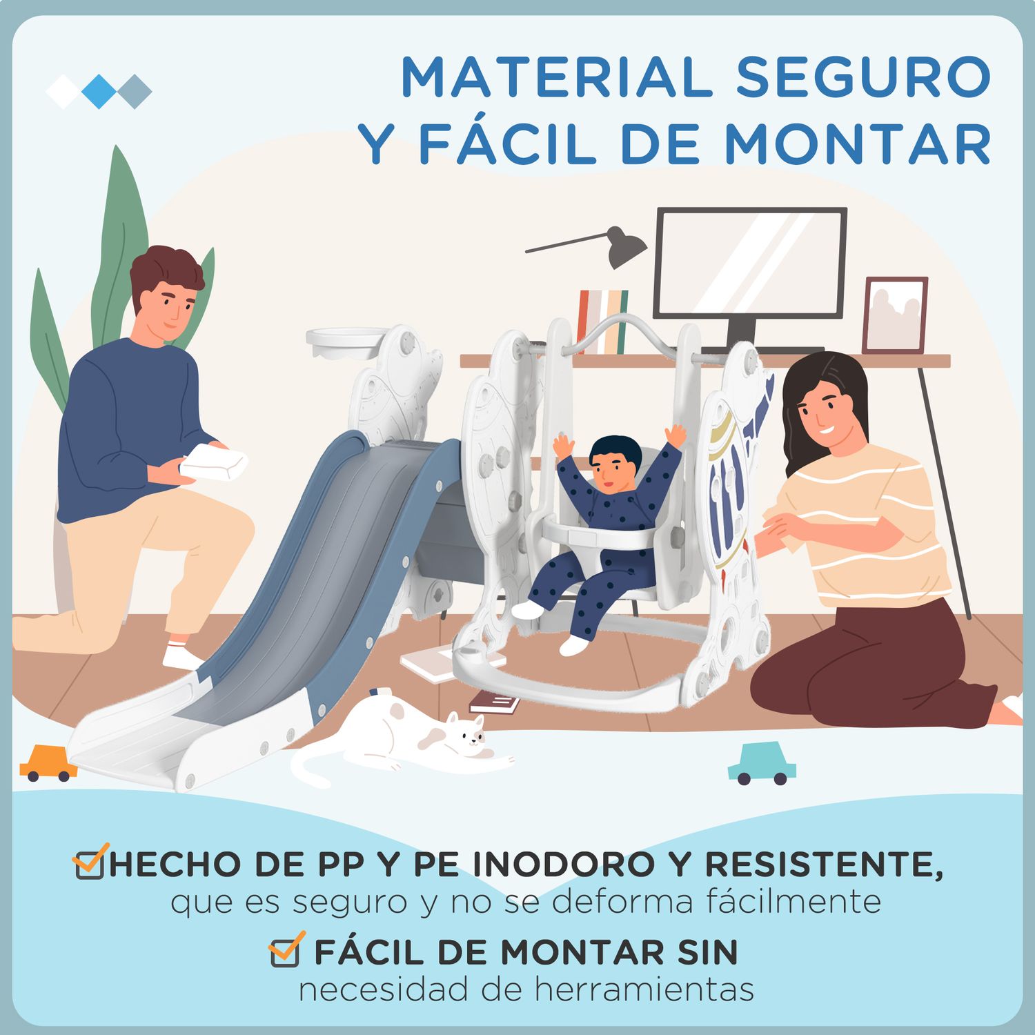 Aiyaplay 3-in-1 Weiß-Blaues Rutschen- und Schaukelset für Kinder