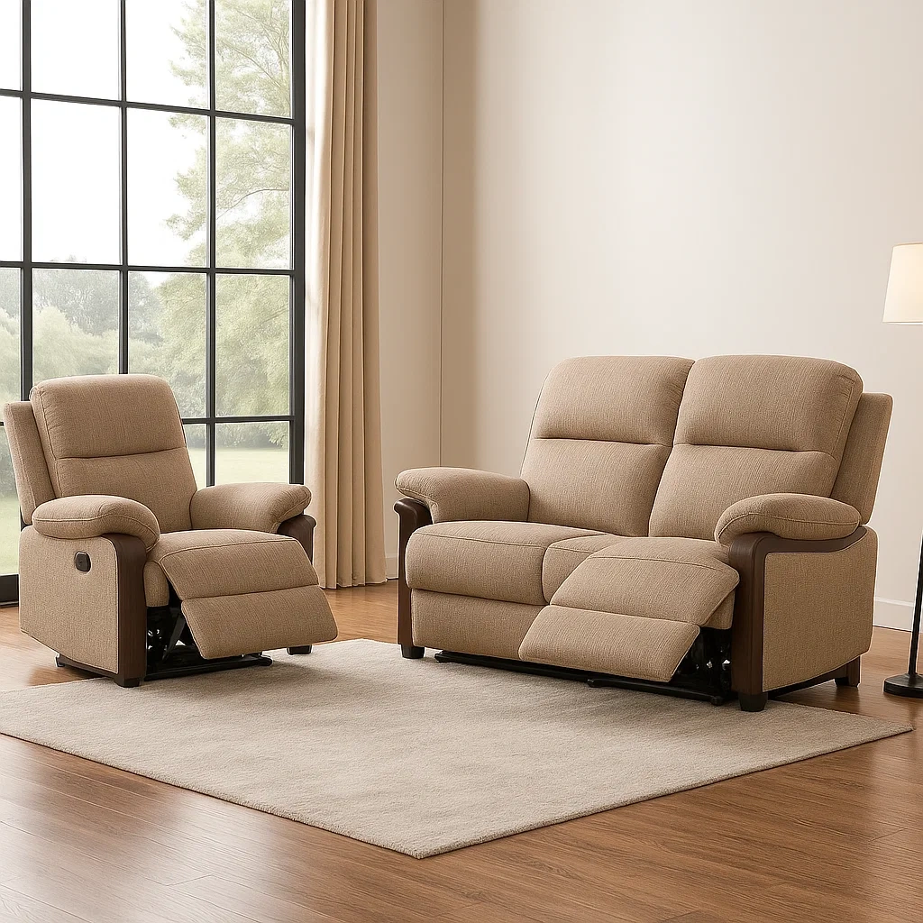 Ensemble canapé 3 places, tissu et bois, coloris beige, structure inclinable, avec repose-pieds rabattable, fauteuil 85 x 95 x 102 cm, canapé 150 x 95 x 102 cm, pour salon - 6IBG9ccv8gFl