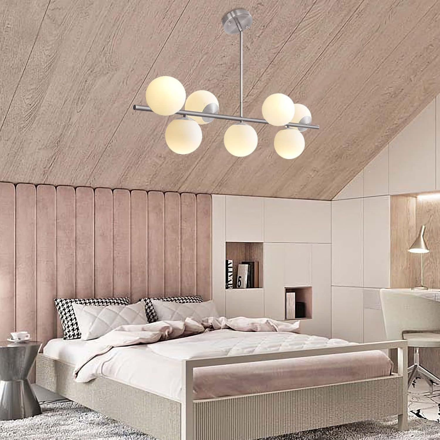 Moderne Esszimmerleuchte von KCO Lighting aus goldfarbenem Metall, Kücheninsel-Pendelleuchte aus weißem Glas, 7-flammig, E27, 80 cm höhenverstellbar