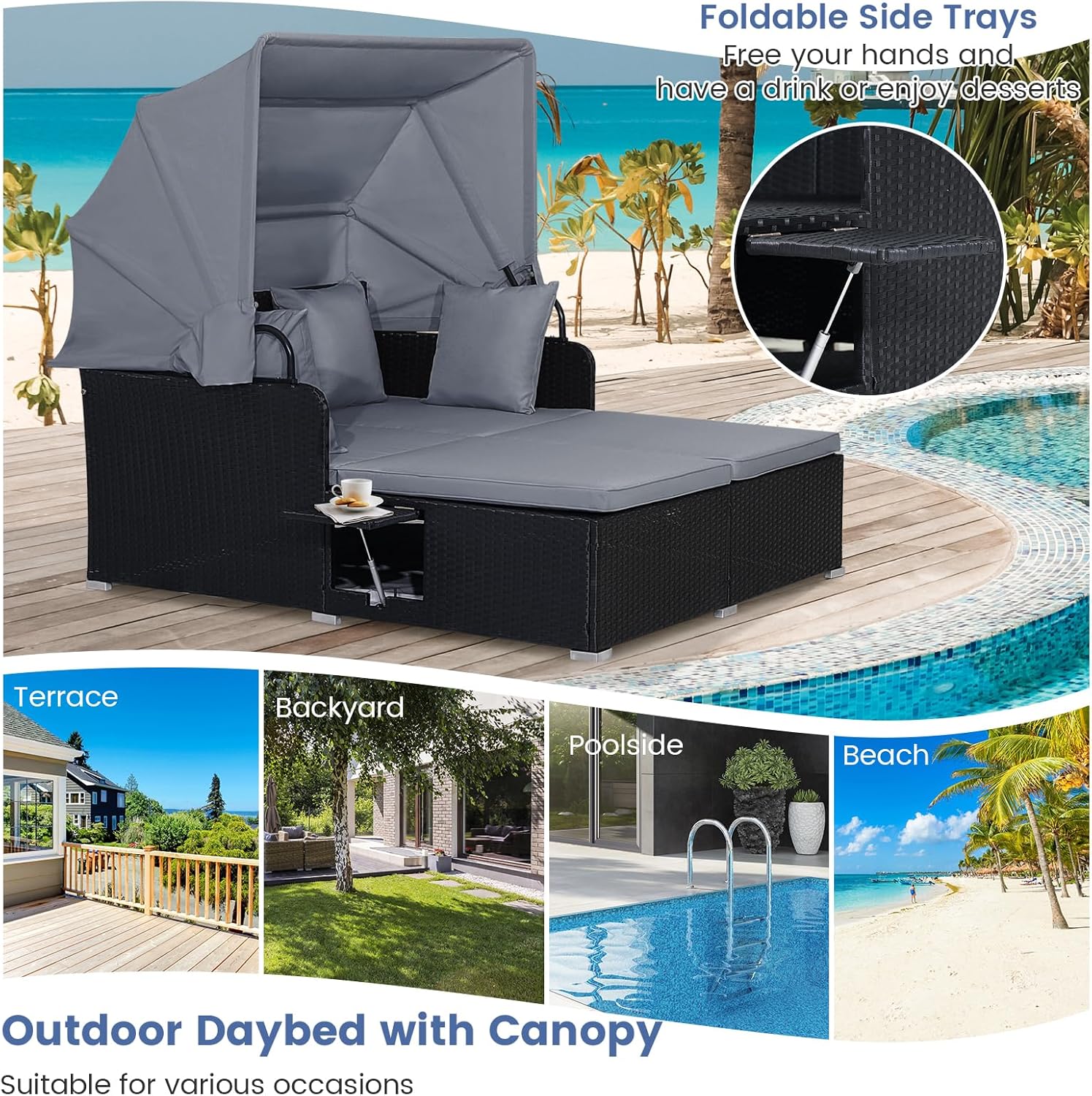 RELAX4LIFE udendørs haveseng med baldakin. Vævet harpiks liggestol med hynder. 4 puder og 2 udtrækkelige sidebakker. Loungeseng til 2 personer til pool, veranda, have. Rattan udendørs seng (turkis)