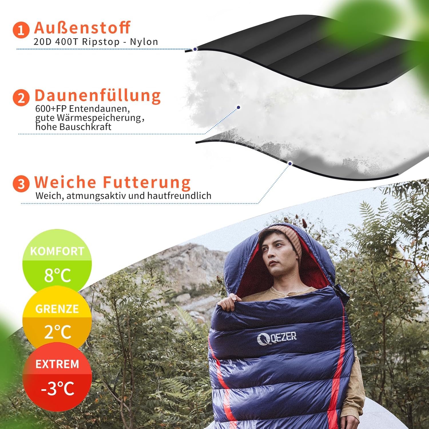 QEZER Dunsovepose 220 cm x 80 cm 8~-3 ℃ 4 sæsoner Ultralet sovepose til voksne og børn, sovepose til camping og vandreture