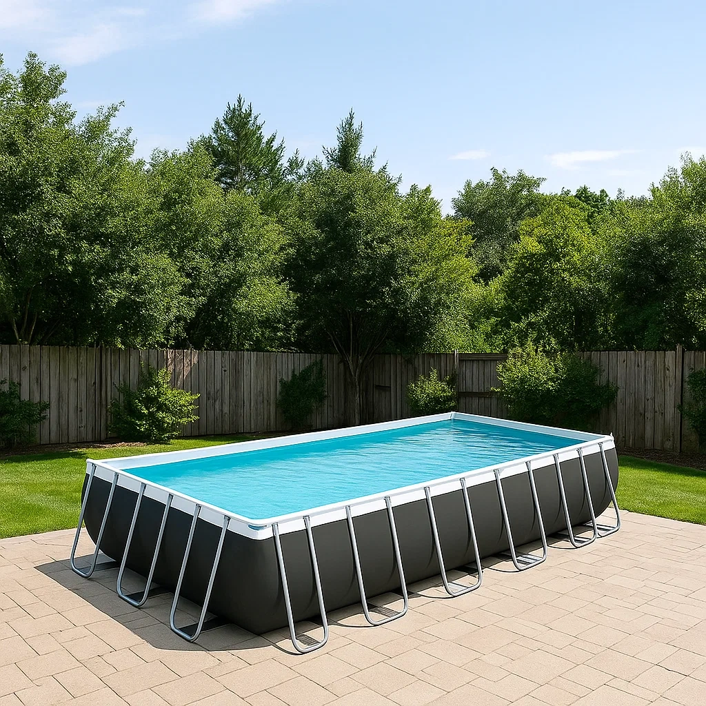 Piscine tubulaire rectangulaire, structure métallique, grise et blanche, installation autoportante, dimensions 400 x 200 x 75 cm - lyG2WKX9xccj