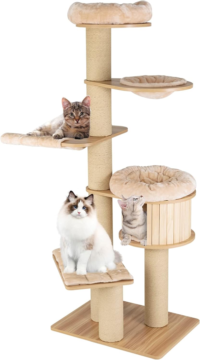 Grand arbre à chat, tour à plusieurs niveaux avec poteau en sisal, hamac, panier suspendu et tapis amovibles et lavables, parfait pour les grands chats