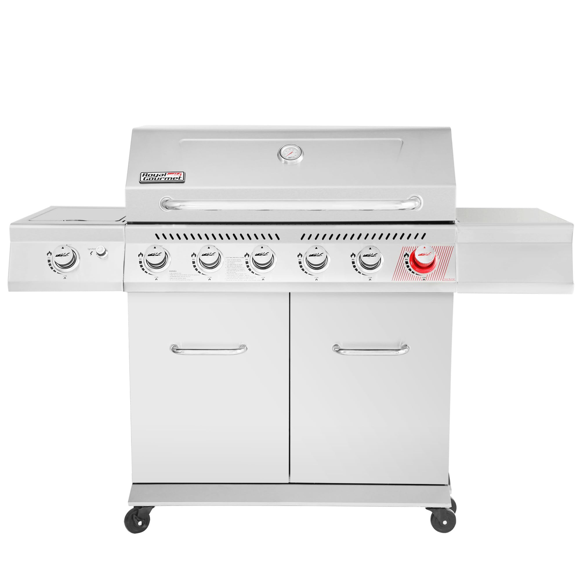 Royal Gourmet GA6402S Edelstahl-Gasgrill (Modelljahr 2025). Hochwertiger 6-Brenner-Propangasgrill mit Sear-Brenner und Seitenbrenner. 74.000 BTU. Schrankdesign. Outdoor-Grill. Silber.