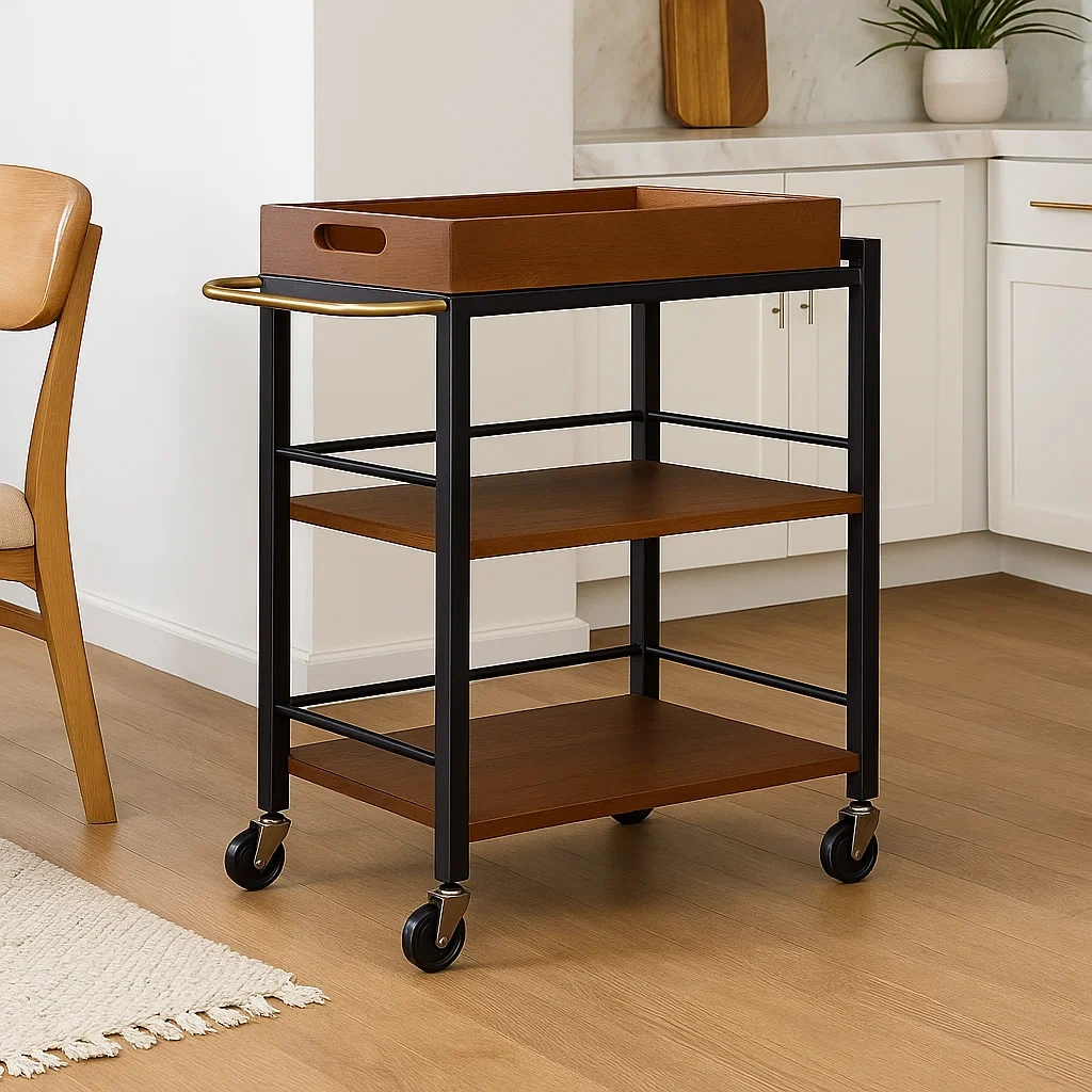 Îlot de cuisine, desserte de cuisine à roulettes avec étagères en bois, marron et noir, 60 x 40 x 80 cm, pour cuisine. - 4NI9Kr538Ttx