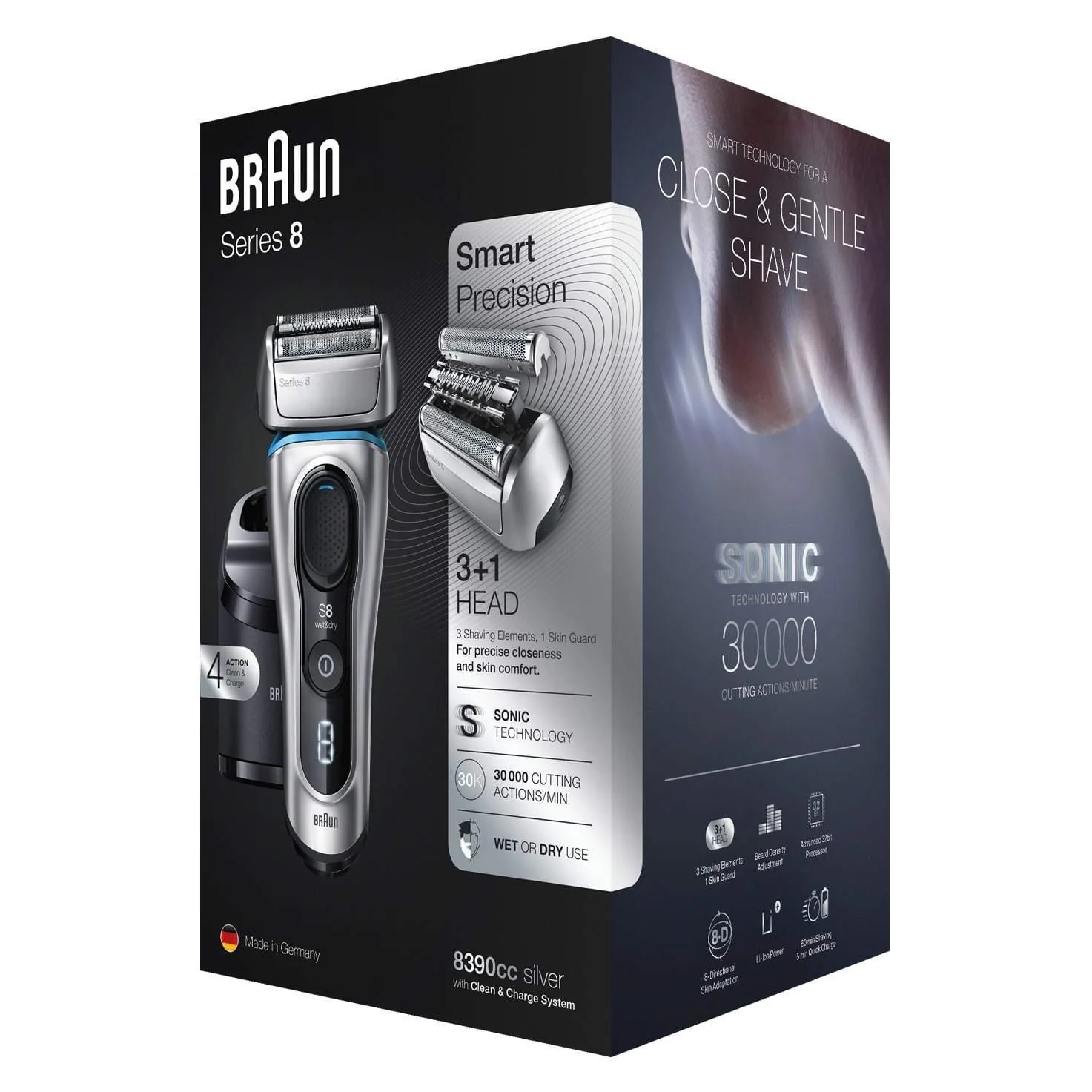 2025 Braun Series 8 8390cc barbermaskine til mænd – våd- og tørbarbering. 100% vandtæt. Sølv