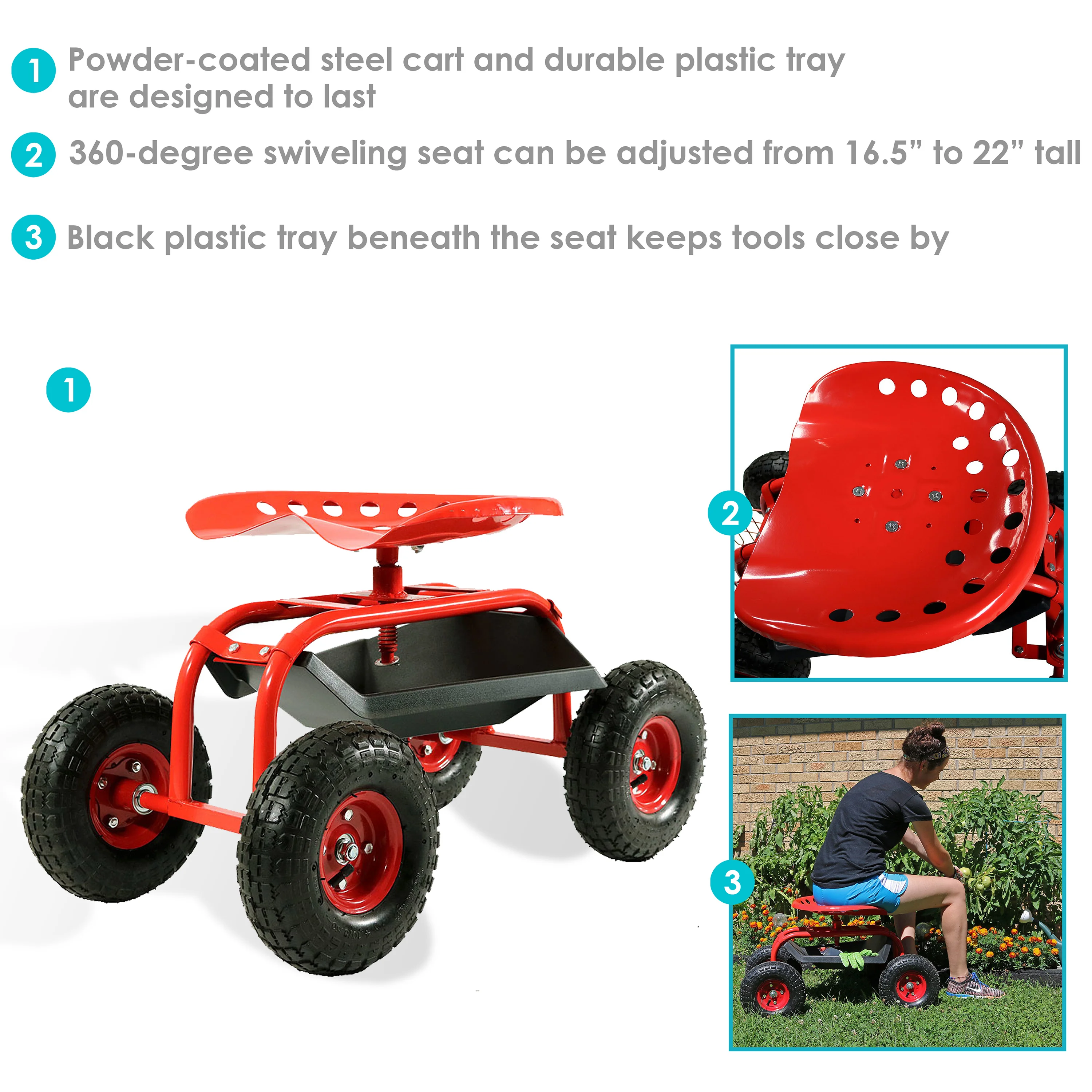 Chariot de jardin roulant Sunnydaze 2025 avec siège pivotant à 360° et plateau à outils