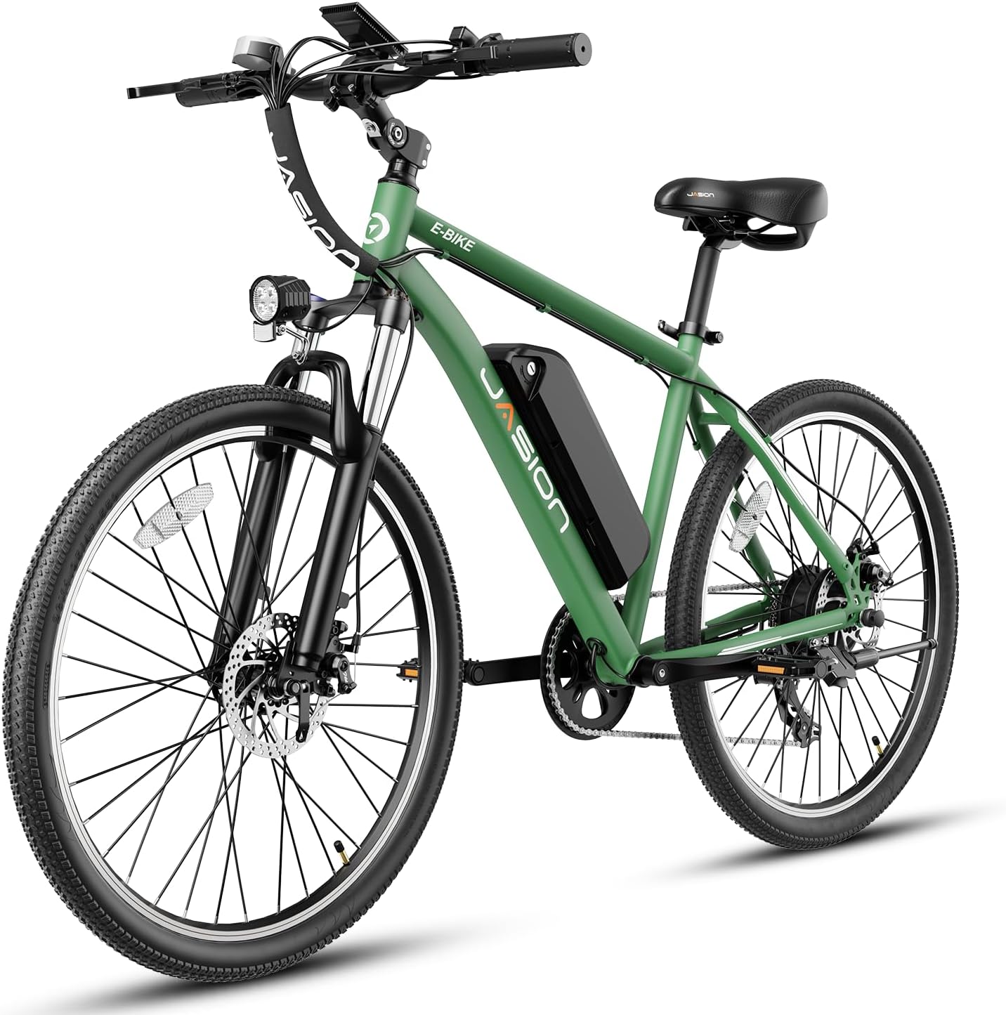 Vélo électrique Jasion EB5 pour adultes avec batterie amovible de 360 ​​Wh, 64 km, 32 km/h, VTT électrique de ville avec moteur de 350 W, 7 vitesses, pneus de 26 pouces et suspension avant.