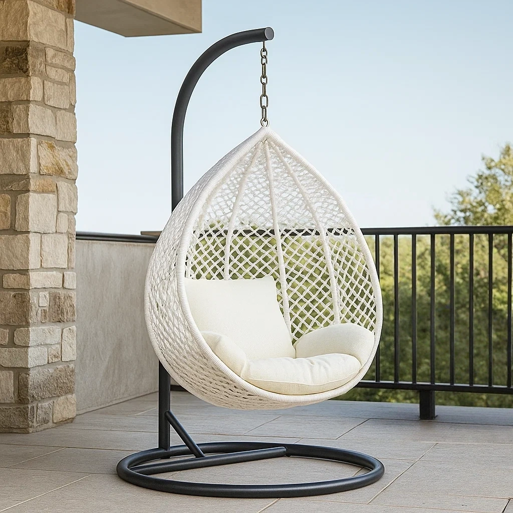 Fauteuil suspendu, structure en métal noir, assise en osier blanc, coussins inclus, 100 x 100 x 200 cm - lI0YwIwEX4vS