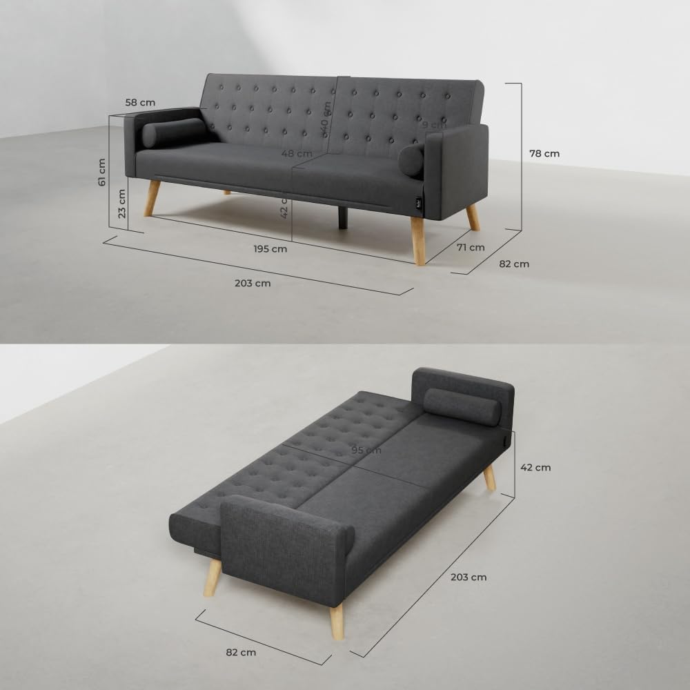 Nalui – 3-Sitzer-Schlafsofa, gepolstert, 203 x 82 x 78 cm, One Dots, mit 2 Kissen und Klick-Klack-Öffnungsmechanismus mit mehreren Liegepositionen. Chaiselongue-Schlafsofa mit Holzbeinen, umwandelbar in ein Doppelbett | Beige