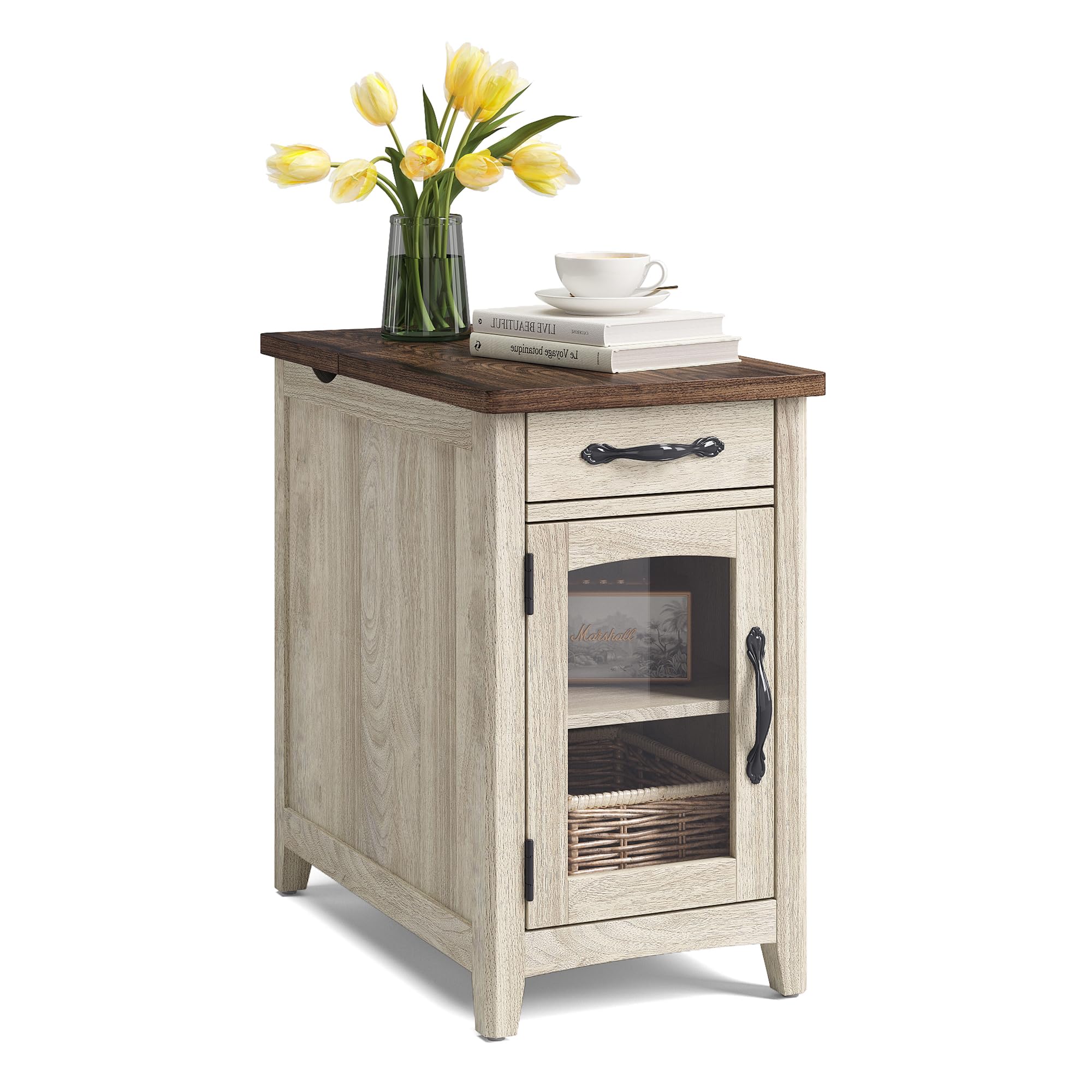 Sidebord med ladestation. Natbord med skuffe og aftagelig støtte.