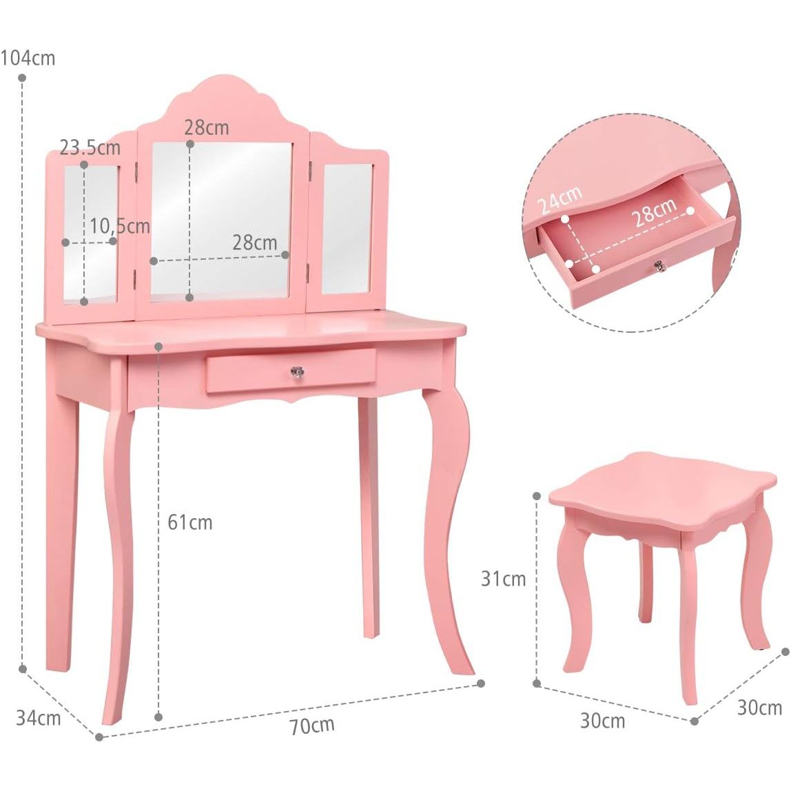 Schminktisch mit Hocker und Spiegel für Mädchen, aus MDF und Holz, Costway Tisch 70 x 34 x 103 cm (rosa)