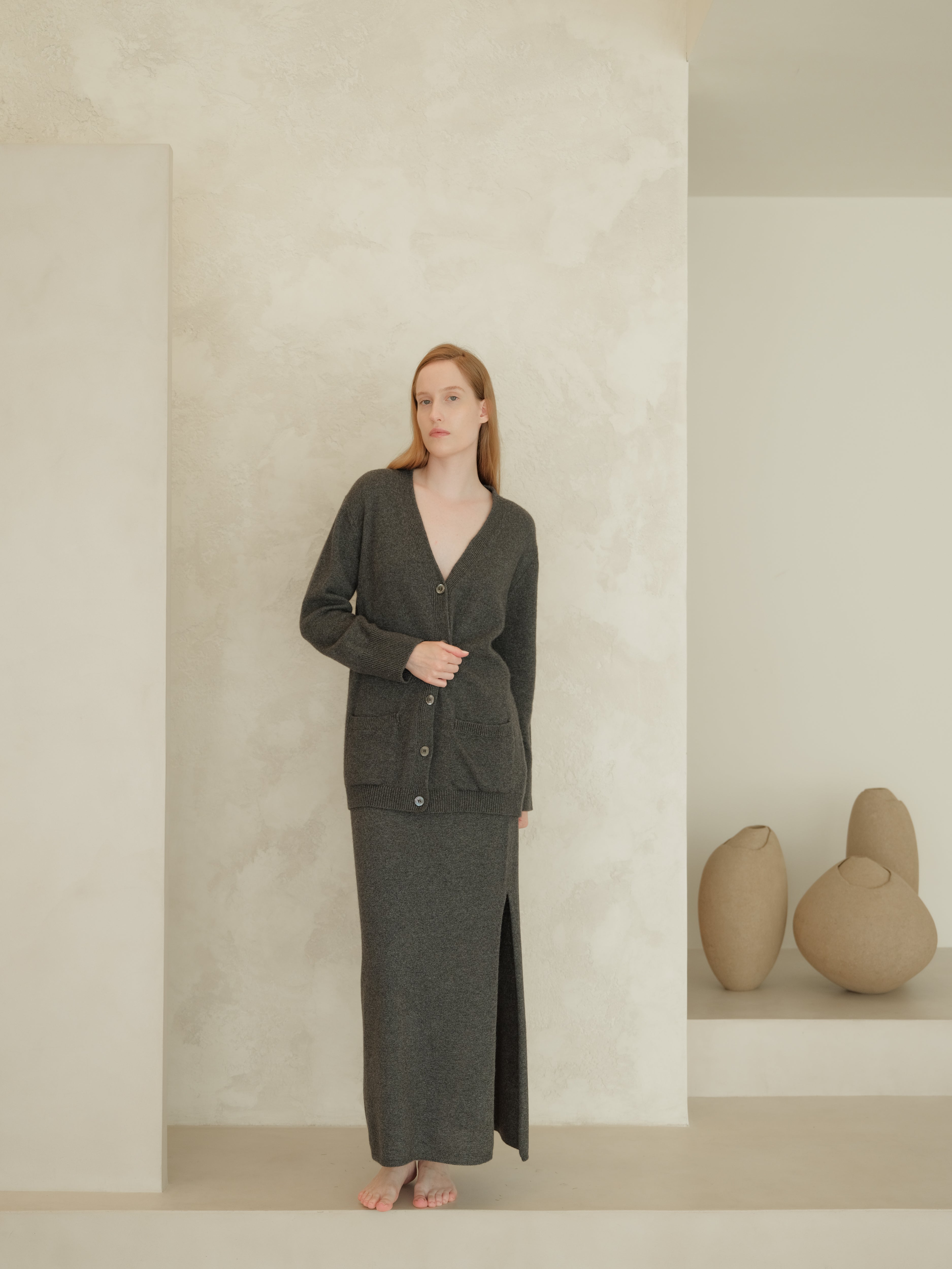 Cashmere Blend High-Waist Long Skirt With Side Slit (3D-Knit)