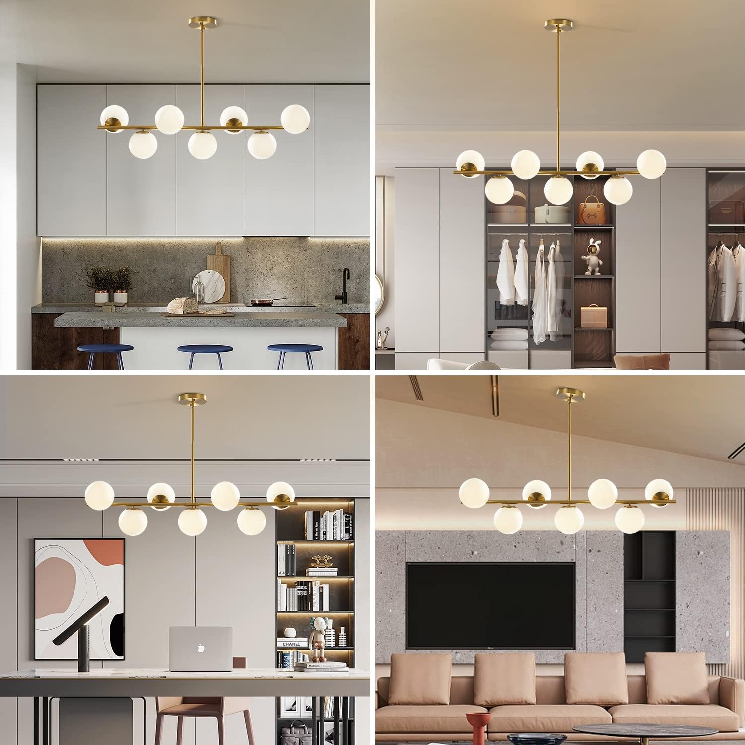 Moderne Esszimmerleuchte von KCO Lighting aus goldfarbenem Metall, Kücheninsel-Pendelleuchte aus weißem Glas, 7-flammig, E27, 80 cm höhenverstellbar