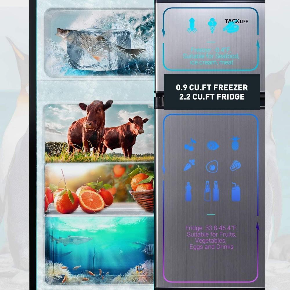 Mini-Kühlschrank mit Gefrierfach, 88 Liter Nutzinhalt, Kompaktkühlschrank mit LED-Beleuchtung, 2 Türen, Mini-Kühlschrank für Schlafzimmer, Büro, Studentenwohnheim, Wohnmobil, Garage, Edelstahl silber - Modell HPVFR310