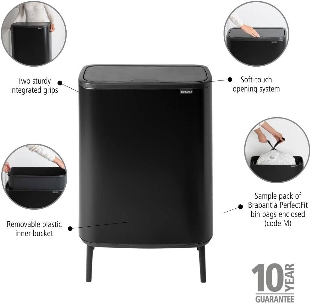 Brabantia Bo Hi Touch Ein-Knopf-Öffnungsmechanismus, 2 x 30-Liter-Abfalleimer mit Füßen, weiß