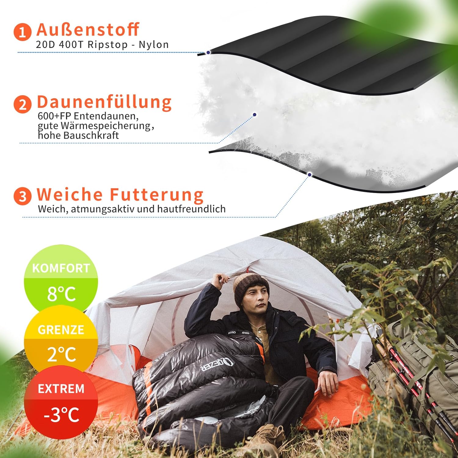 QEZER Dunsovepose 220 cm x 80 cm 8~-3 ℃ 4 sæsoner Ultralet sovepose til voksne og børn, sovepose til camping og vandreture