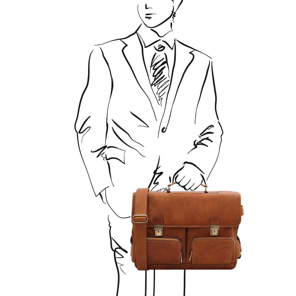 Ventimiglia - Leather multi compartment briefcase with front pockets | TL142069
