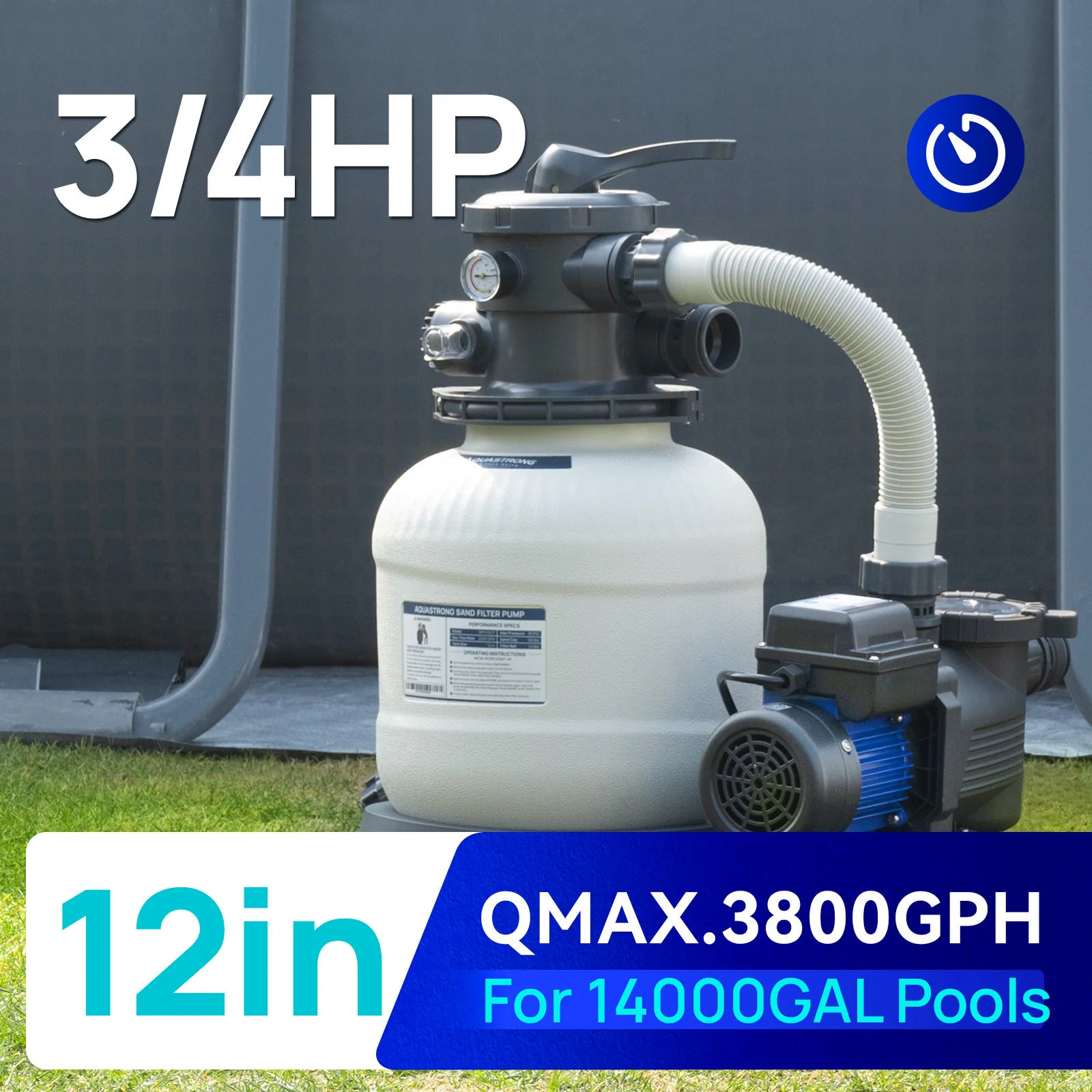 Pompes à filtre à sable 2025, 115 V. Puissance : 0,5 à 3 CV. Diamètre : 30 à 50 cm. Débit jusqu’à 33 400 l/h pour piscines jusqu’à 144 000 litres. Avec vanne à 6 voies.