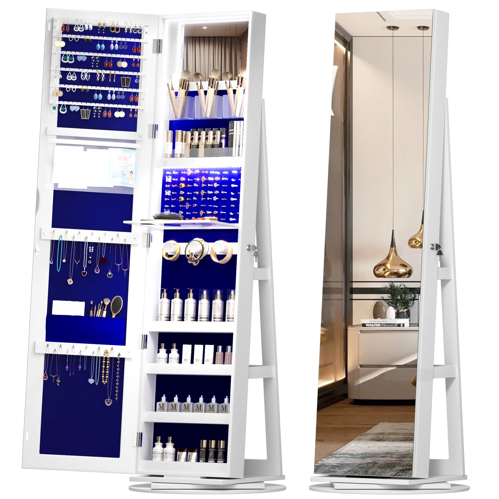 LVSOMT Roterende smykkeskrin med LED-lys og spejl i fuld længde: Stilfuld 360° opbevaring