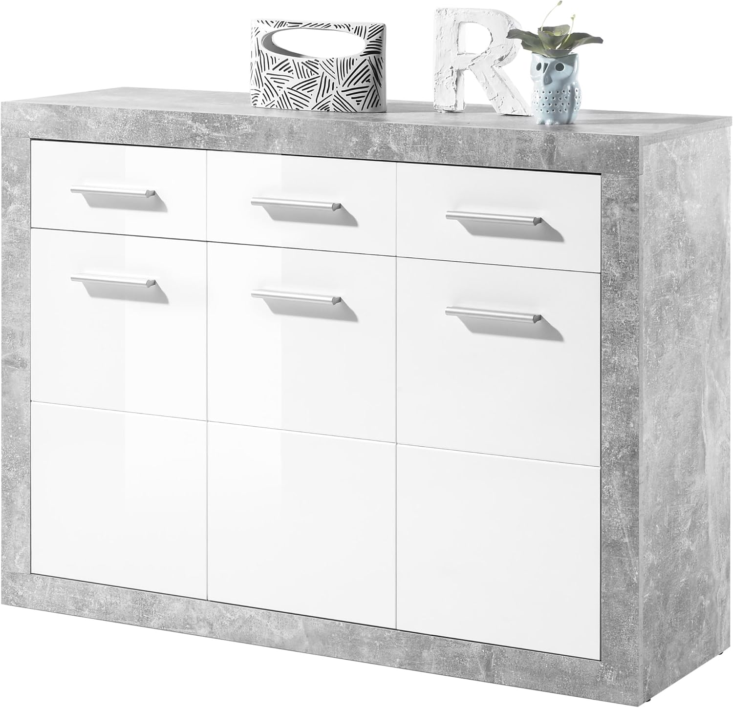 STONE Große Vitrine mit Betonoptik und hochglänzendem Weiß, moderne Vitrine mit LED-Beleuchtung und viel Stauraum, 92 x 194 x 37 cm (B x H x T)