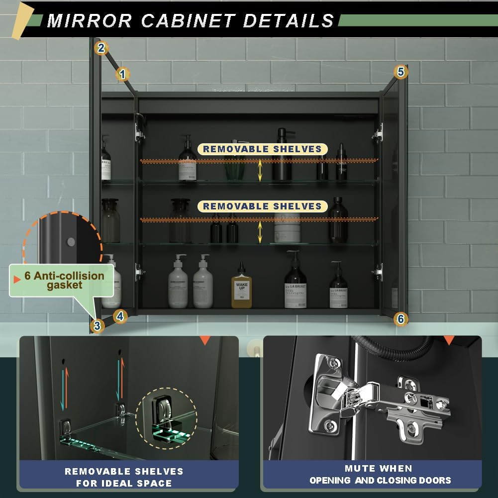 GANPE LED-belysning badeværelsesspejlskab med stik og USB, dugfrit aluminiumsskab og farvejustering, rustfri og nem at installere (50 x 70 cm)