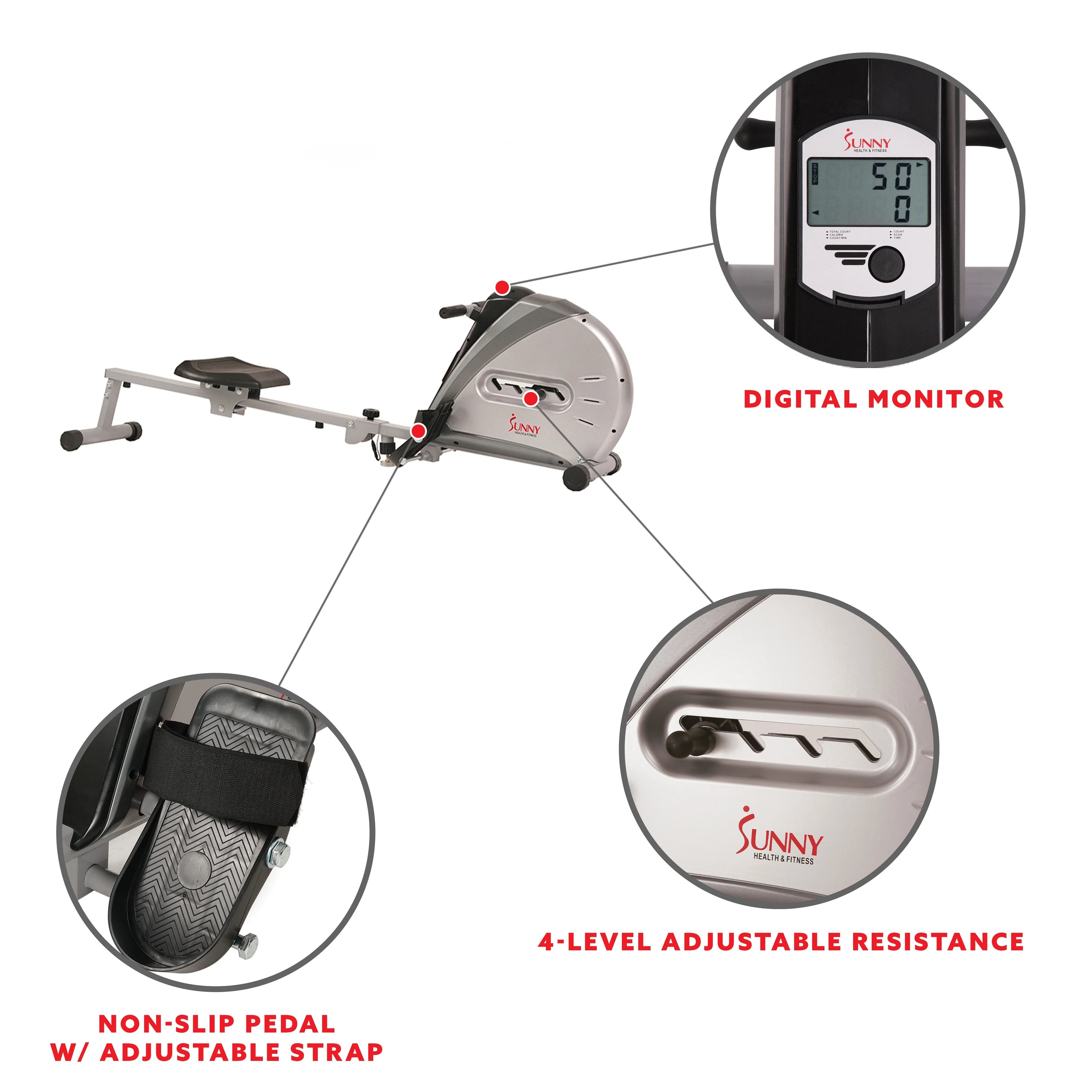 Rameur à corde élastique Sunny Health & Fitness. Écran LCD pour un entraînement complet à domicile. Modèle SF-RW5606.