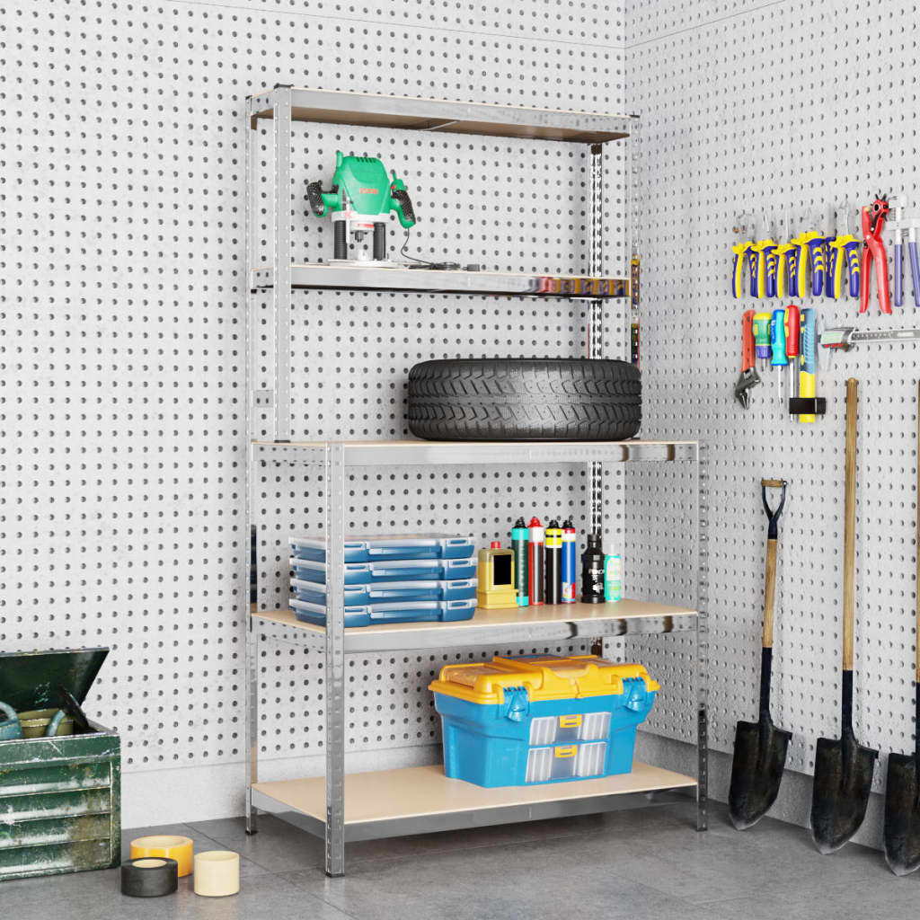 2025 Arbejdsbord med 5 hylder, sølv, stål og træpaneler