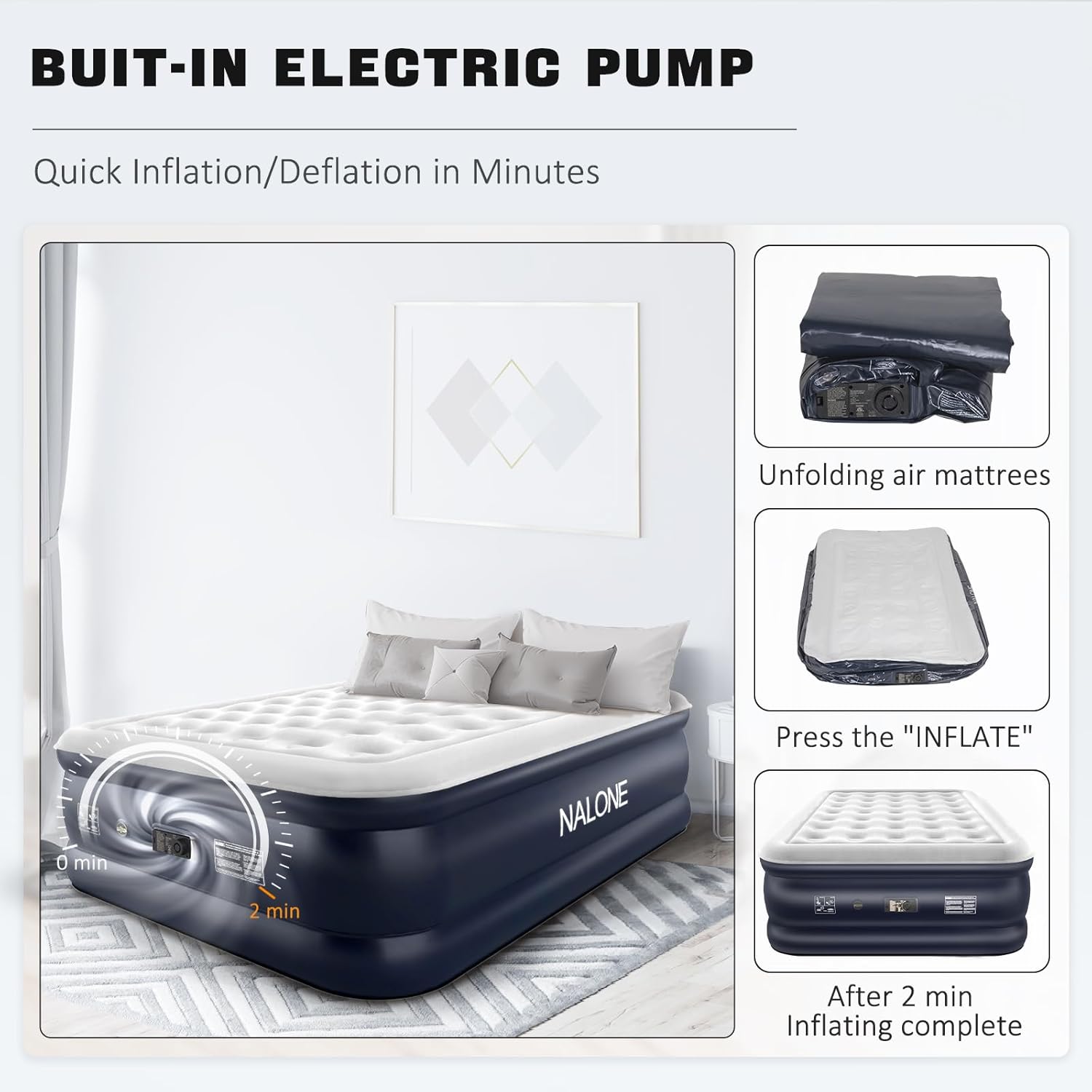 NALONE Luftmatratze, aufblasbares Bett mit integrierter Pumpe, in nur 3 Minuten aufgeblasen, für Gäste oder den Heimgebrauch, 203 x 152 x 46 cm, maximale Belastbarkeit 310 kg, Doppelbett
