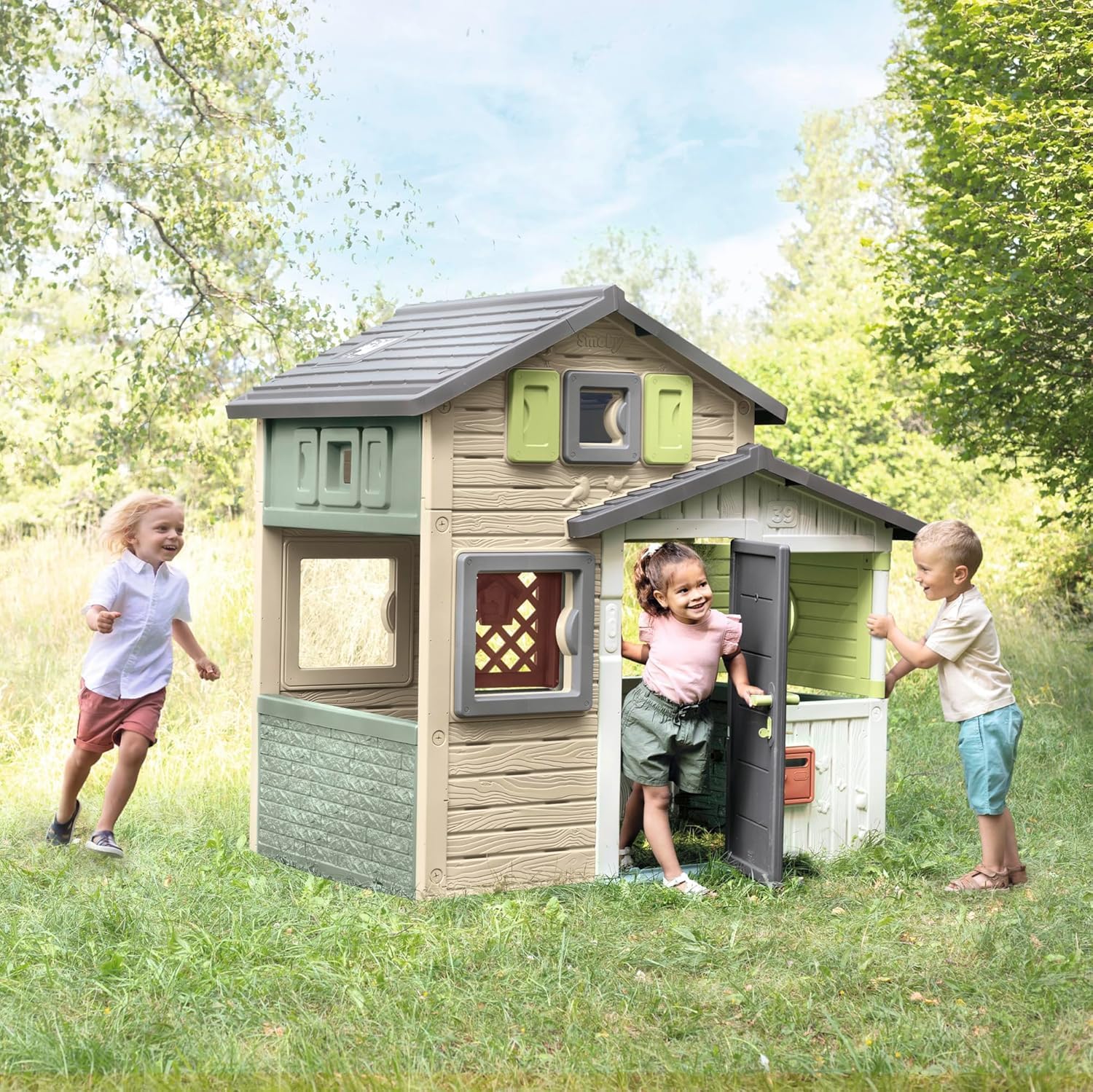 Smoby Life - Friends House EVO Spielhaus mit 2 Türen, 6 Fenstern und abnehmbarem Picknicktisch – Hergestellt aus recyceltem Material, UV-Schutz, für Kinder ab 3 Jahren (7600810208)