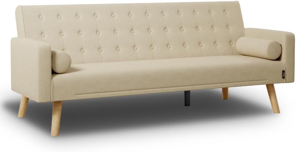 Nalui – 3-Sitzer-Schlafsofa, gepolstert, 203 x 82 x 78 cm, One Dots, mit 2 Kissen und Klick-Klack-Öffnungsmechanismus mit mehreren Liegepositionen. Chaiselongue-Schlafsofa mit Holzbeinen, umwandelbar in ein Doppelbett | Beige