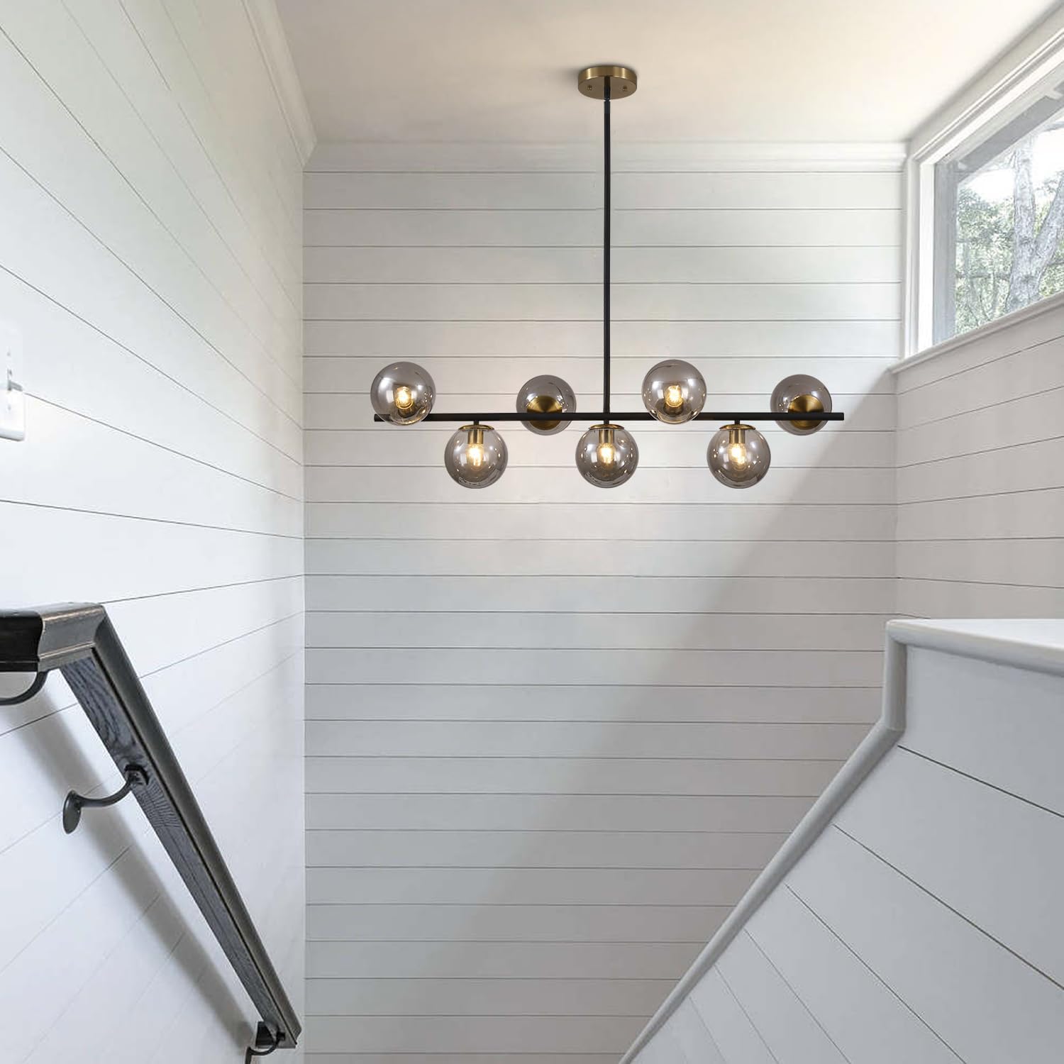 Moderne Esszimmerleuchte von KCO Lighting aus goldfarbenem Metall, Kücheninsel-Pendelleuchte aus weißem Glas, 7-flammig, E27, 80 cm höhenverstellbar