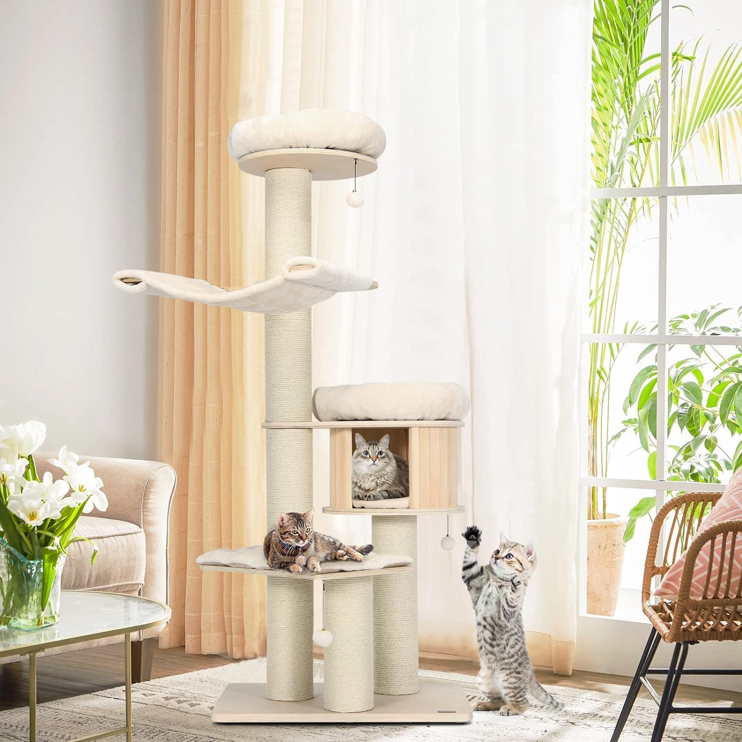 Grand arbre à chat, tour à plusieurs niveaux avec poteau en sisal, hamac, panier suspendu et tapis amovibles et lavables, parfait pour les grands chats