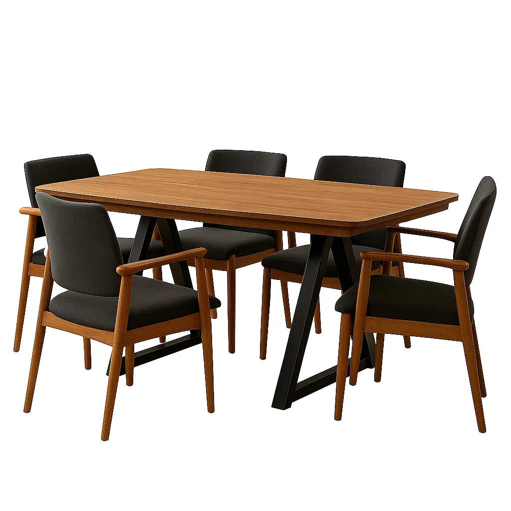 Ensemble de salle à manger 5 places, bois et tissu, marron et noir, rectangulaire, fixe, table 160 x 85 x 75 cm, chaise 50 x 55 x 80 cm, intérieur - sJaTG5vphvih