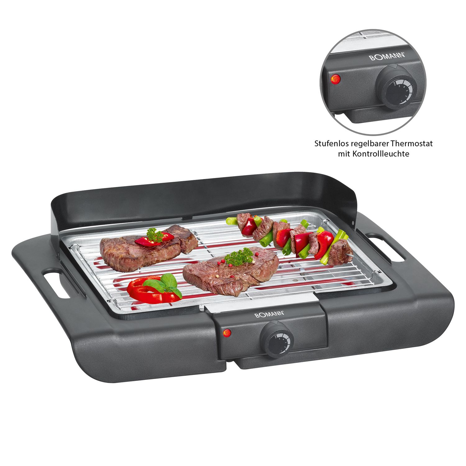 Elektrogrill, verchromter Grillrost 36 x 25 cm, Thermostat, winddichte Front, Fettauffangschale, Schwarz, 2000 W Bomann Bq 2243 Cb