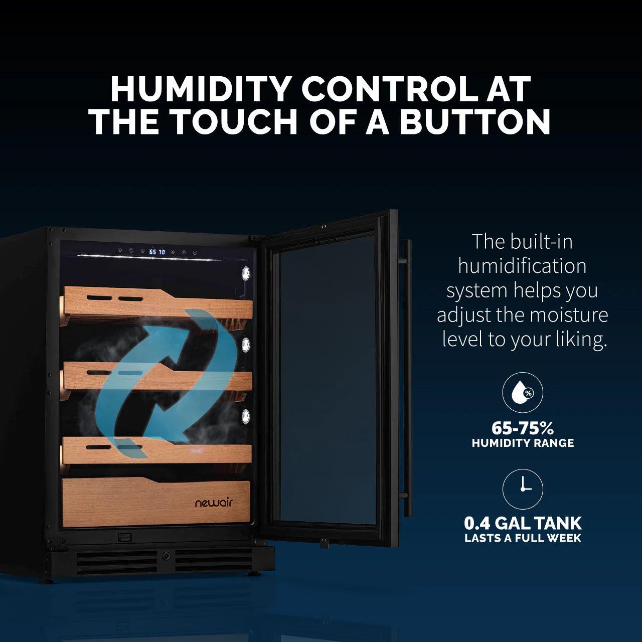 2025 Newair® elektrisk cigarhumidor. Kapacitet til 1.500 cigarer. Indbygget eller fritstående.
