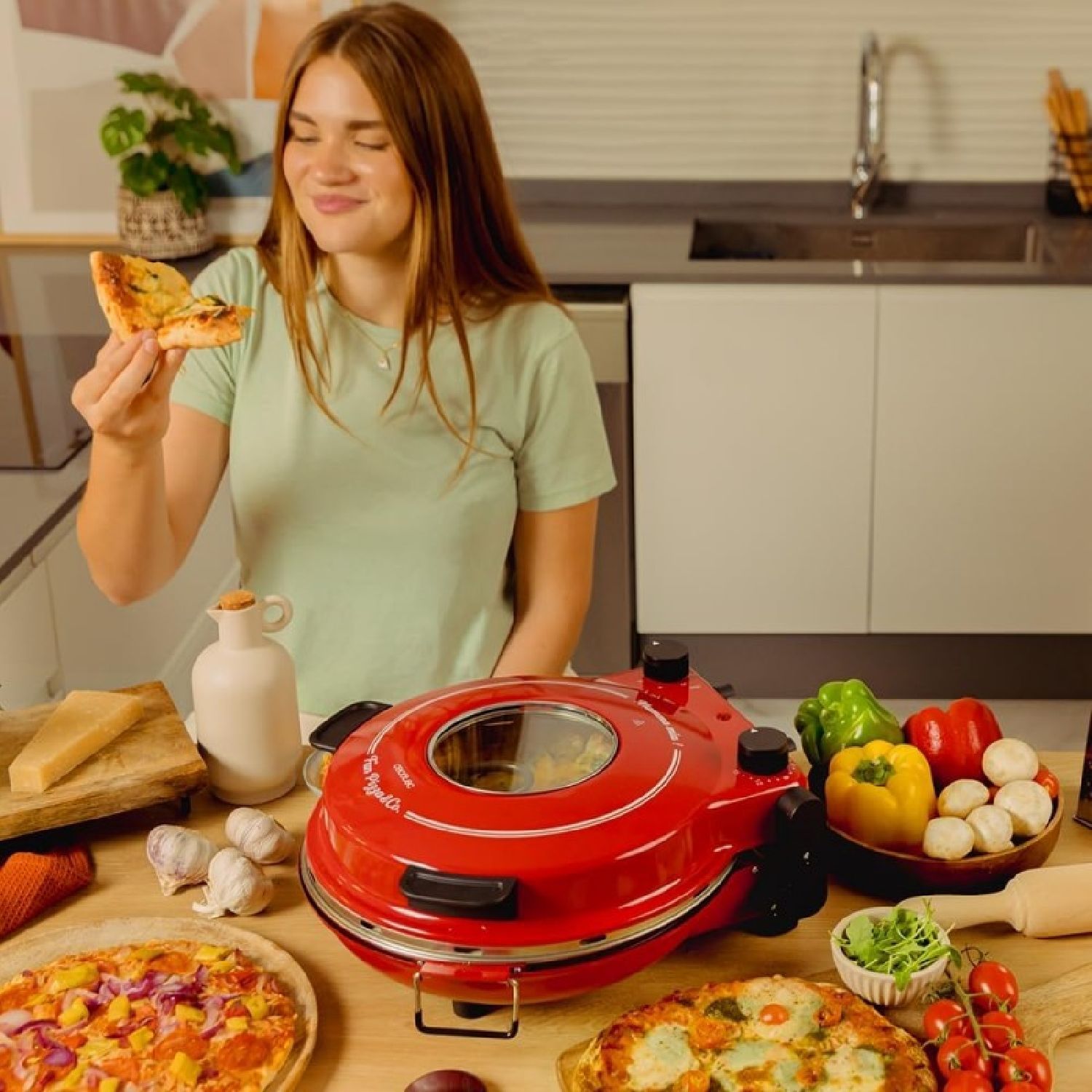 Fun Pizza&co Mamma Mia Vista Elektrogrillofen für Pizza, 1200 W, 15-Minuten-Timer, Maximale Temperatur von 420ºc in 3 Minuten, Sichtfenster, Steinplatte.