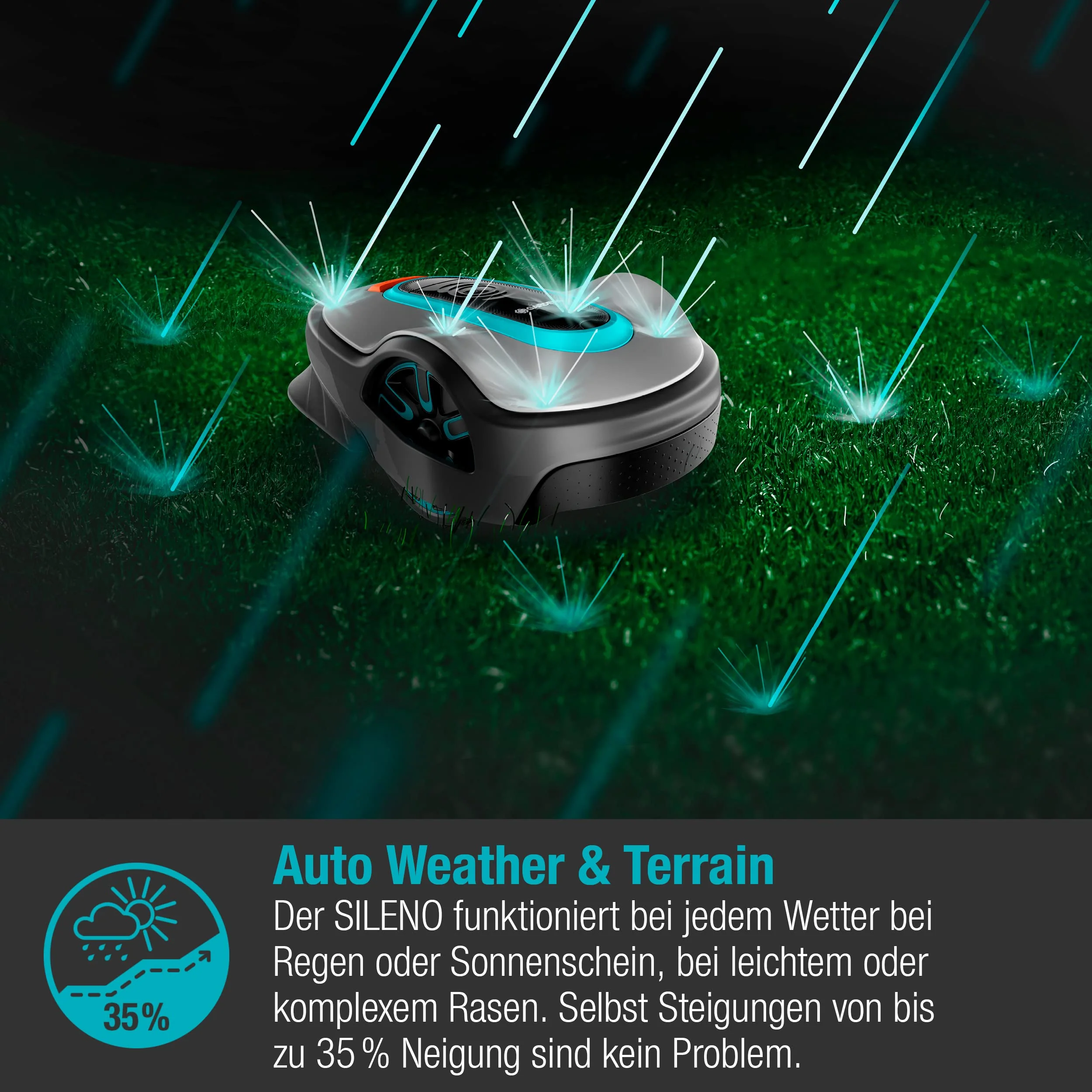 Gardena SILENO Mähroboter (ab 2025), Mindestgröße 350 m²: Intelligenter Rasenmäher mit optimaler Konnektivität. Programmierbar über die Gardena Bluetooth-App (15208-47).