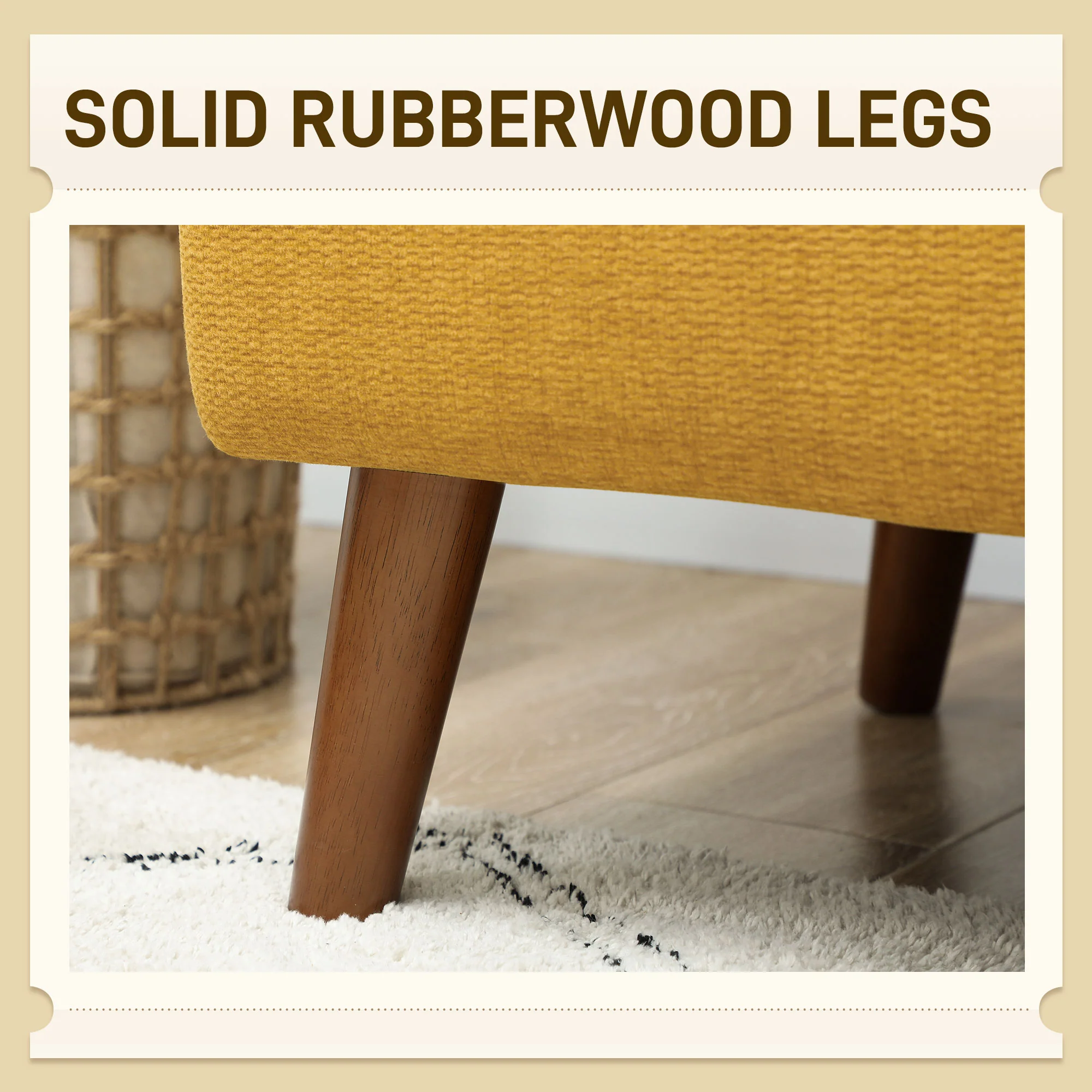 To-personers sofa i fløjl. Tyk 21 cm polstring og træben. Farve gul.